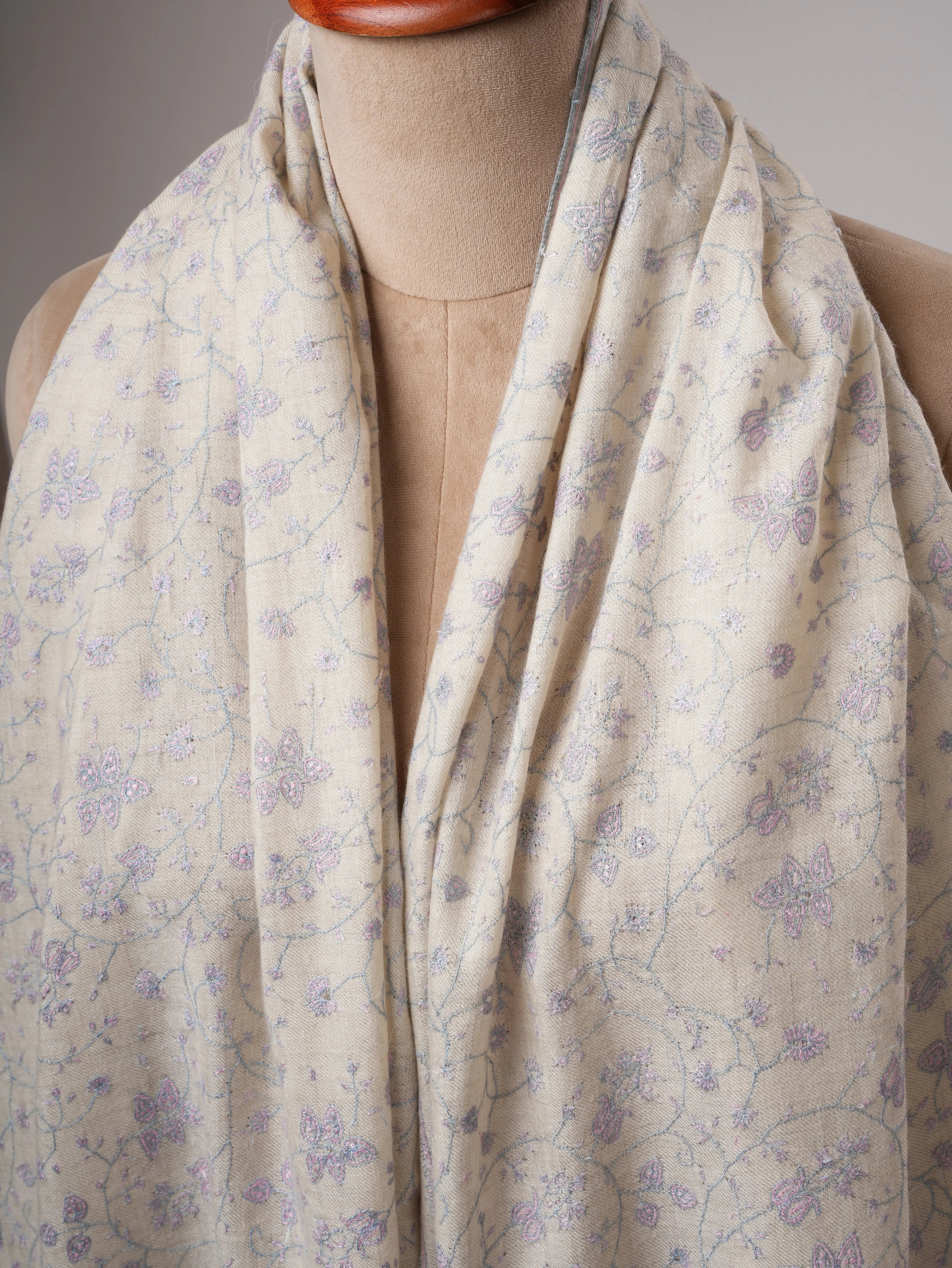 Ivory Pashmina Shawl with Pastel Jali Needlework Embroidery Shahkaar