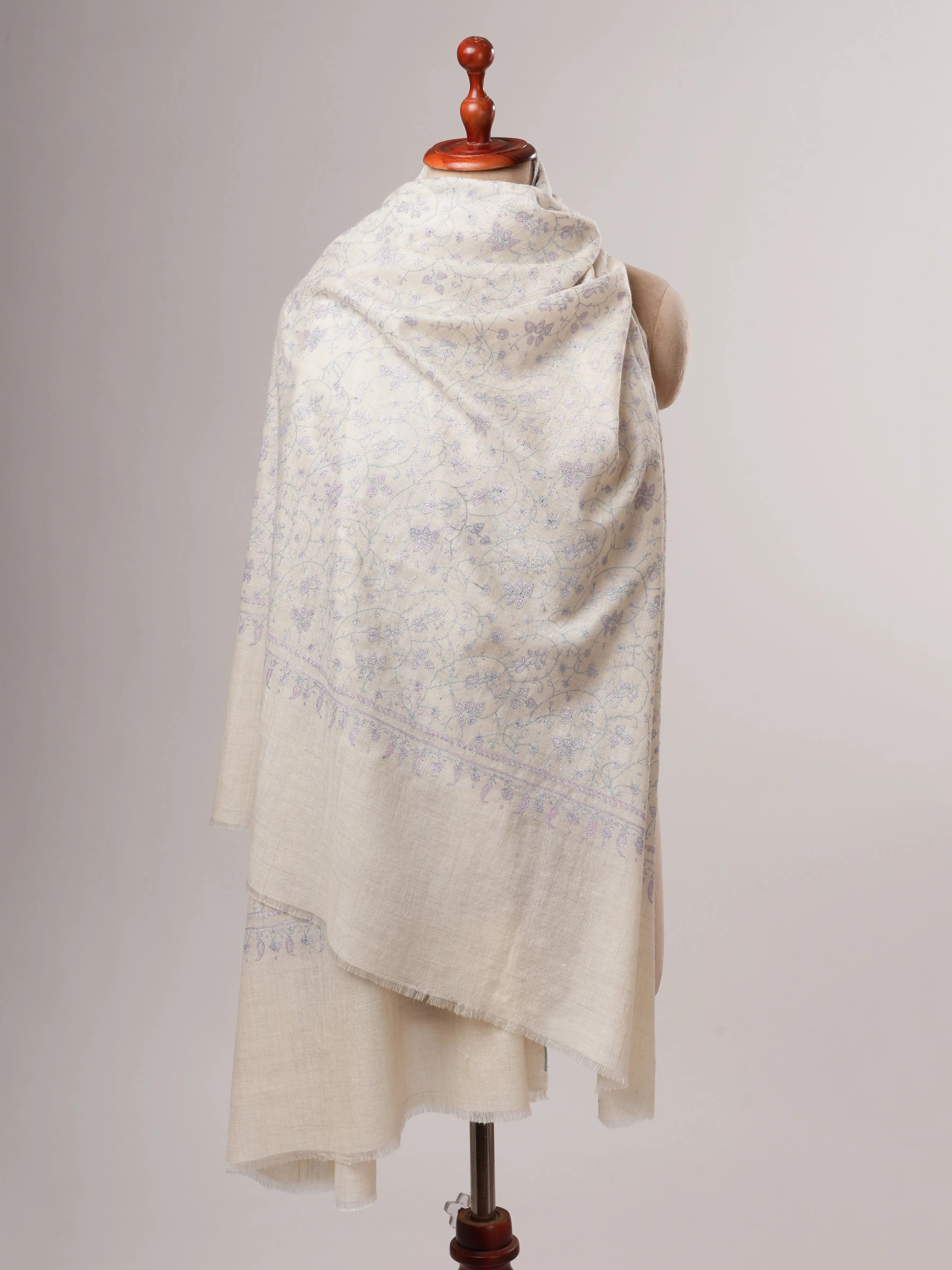 Ivory Pashmina Shawl with Pastel Jali Needlework Embroidery Shahkaar