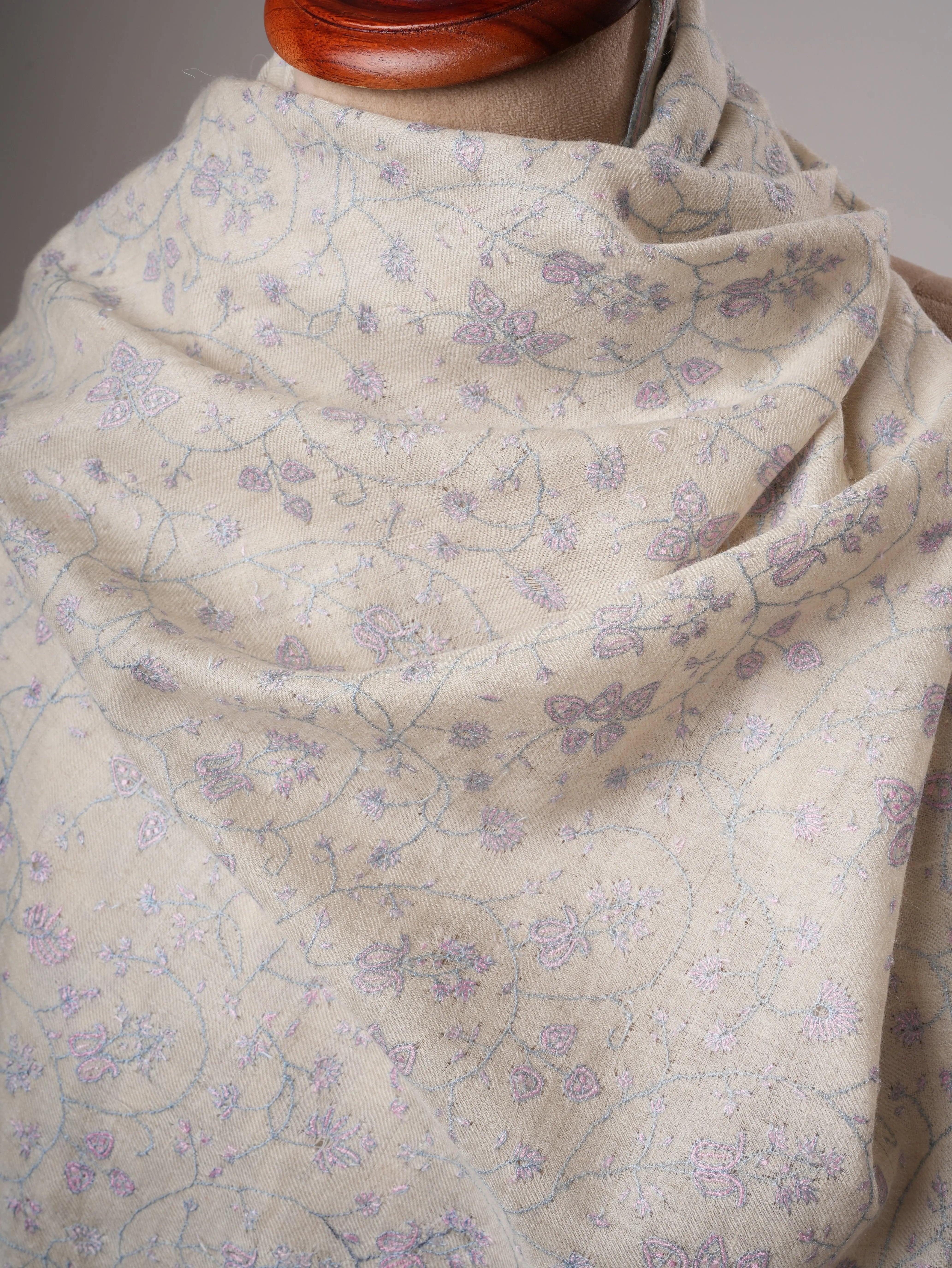 Ivory Pashmina Shawl with Pastel Jali Needlework Embroidery Shahkaar