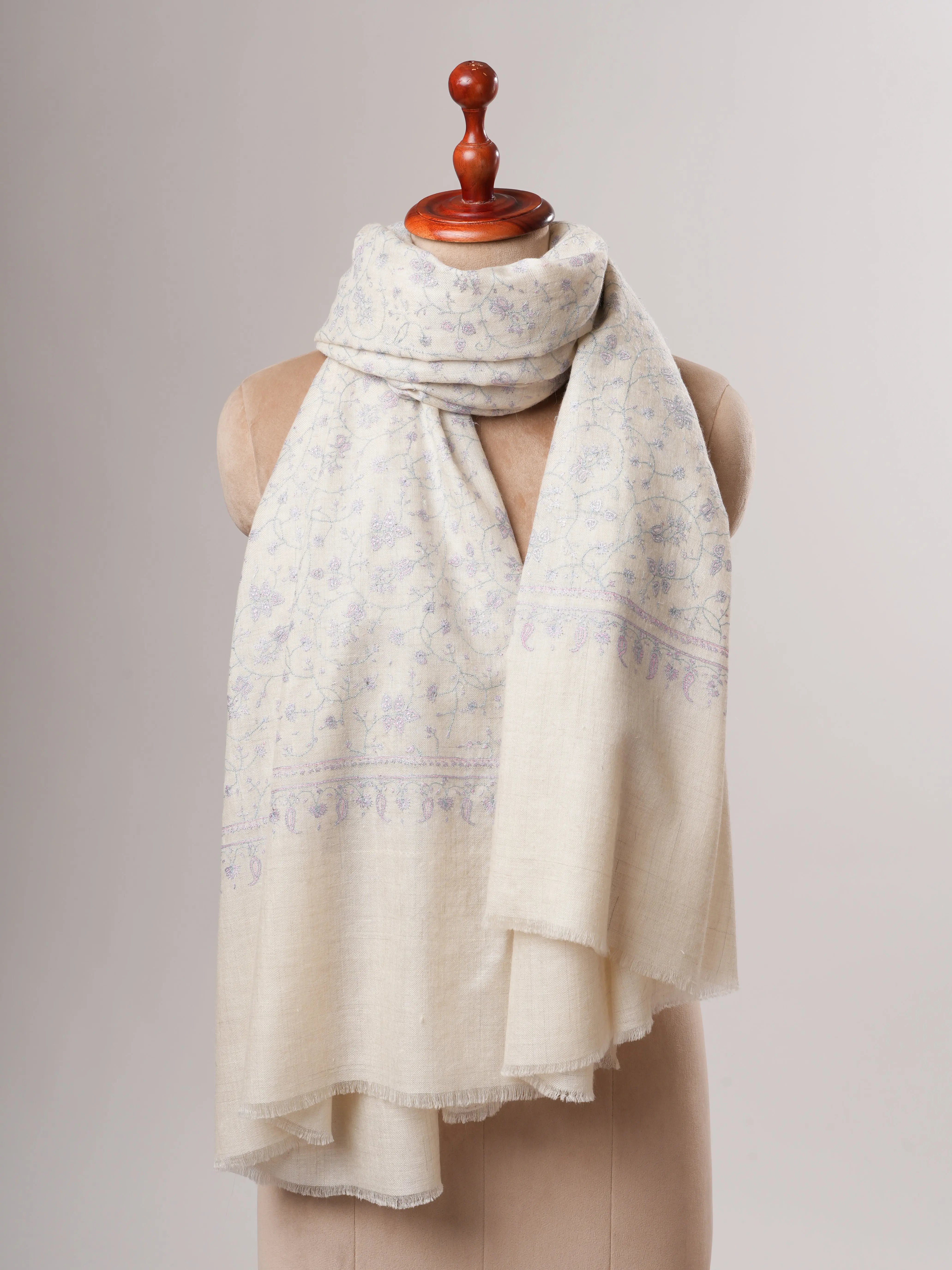 Ivory Pashmina Shawl with Pastel Jali Needlework Embroidery Shahkaar