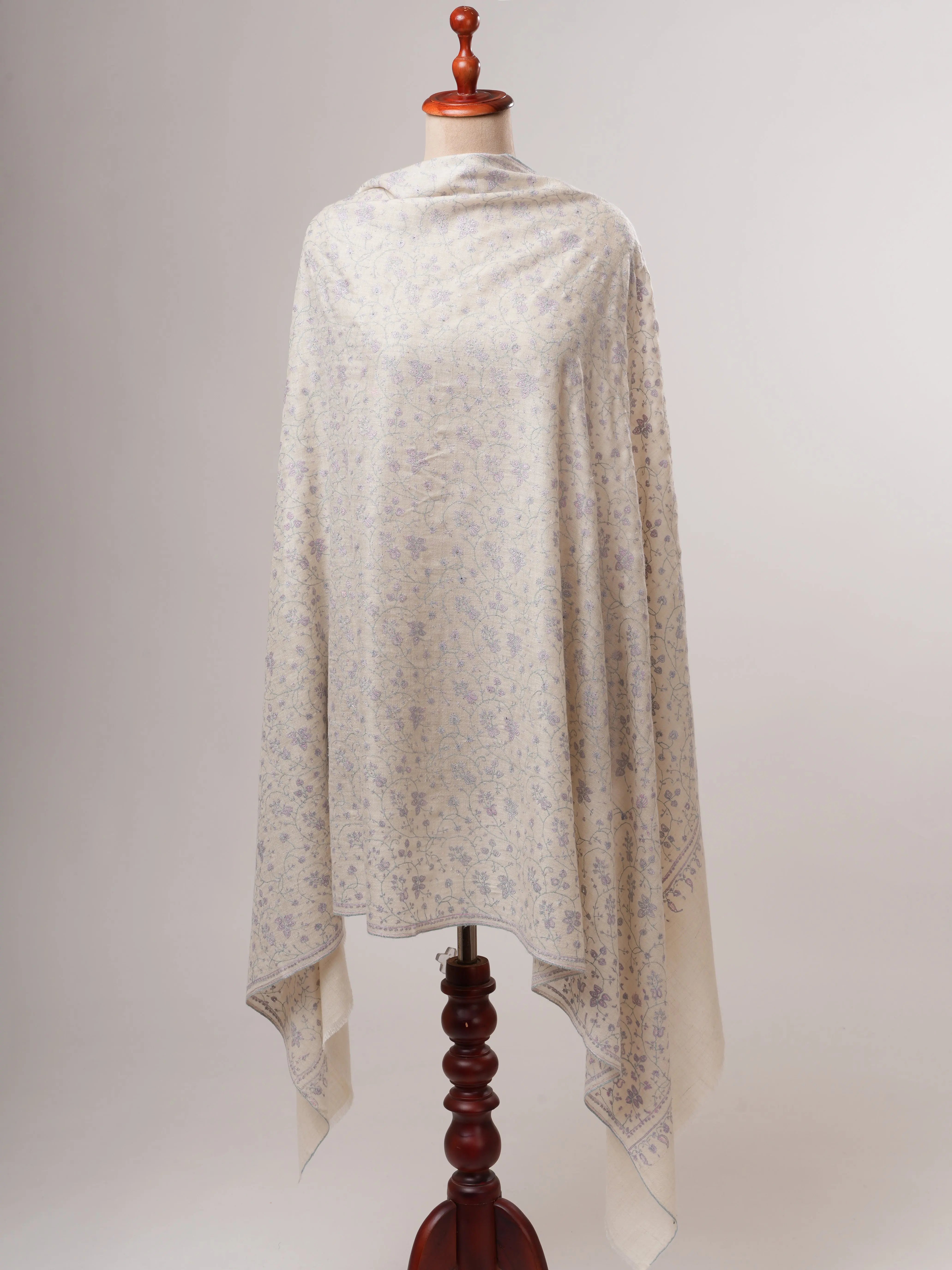 Ivory Pashmina Shawl with Pastel Jali Needlework Embroidery Shahkaar