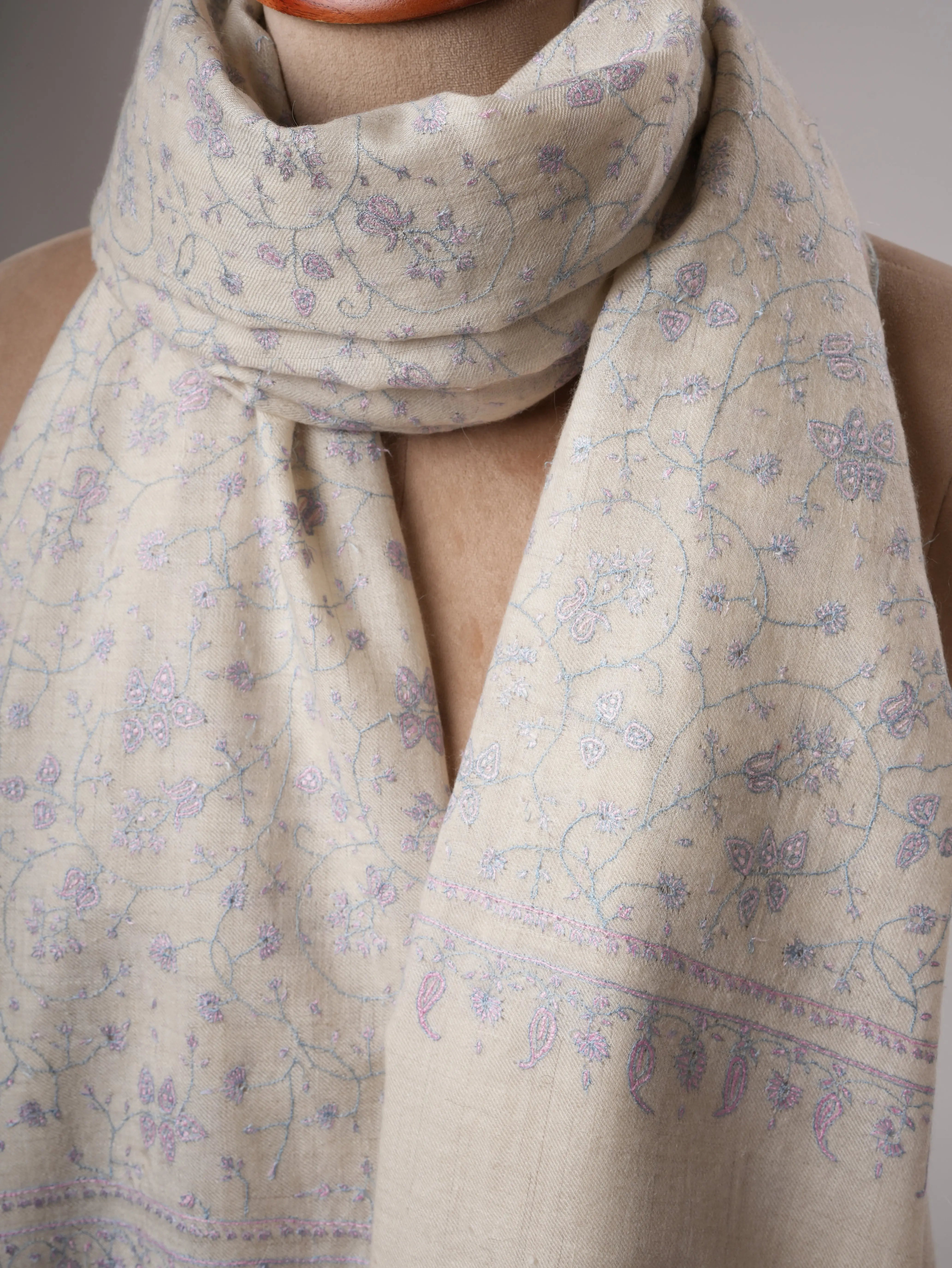 Ivory Pashmina Shawl with Pastel Jali Needlework Embroidery Shahkaar