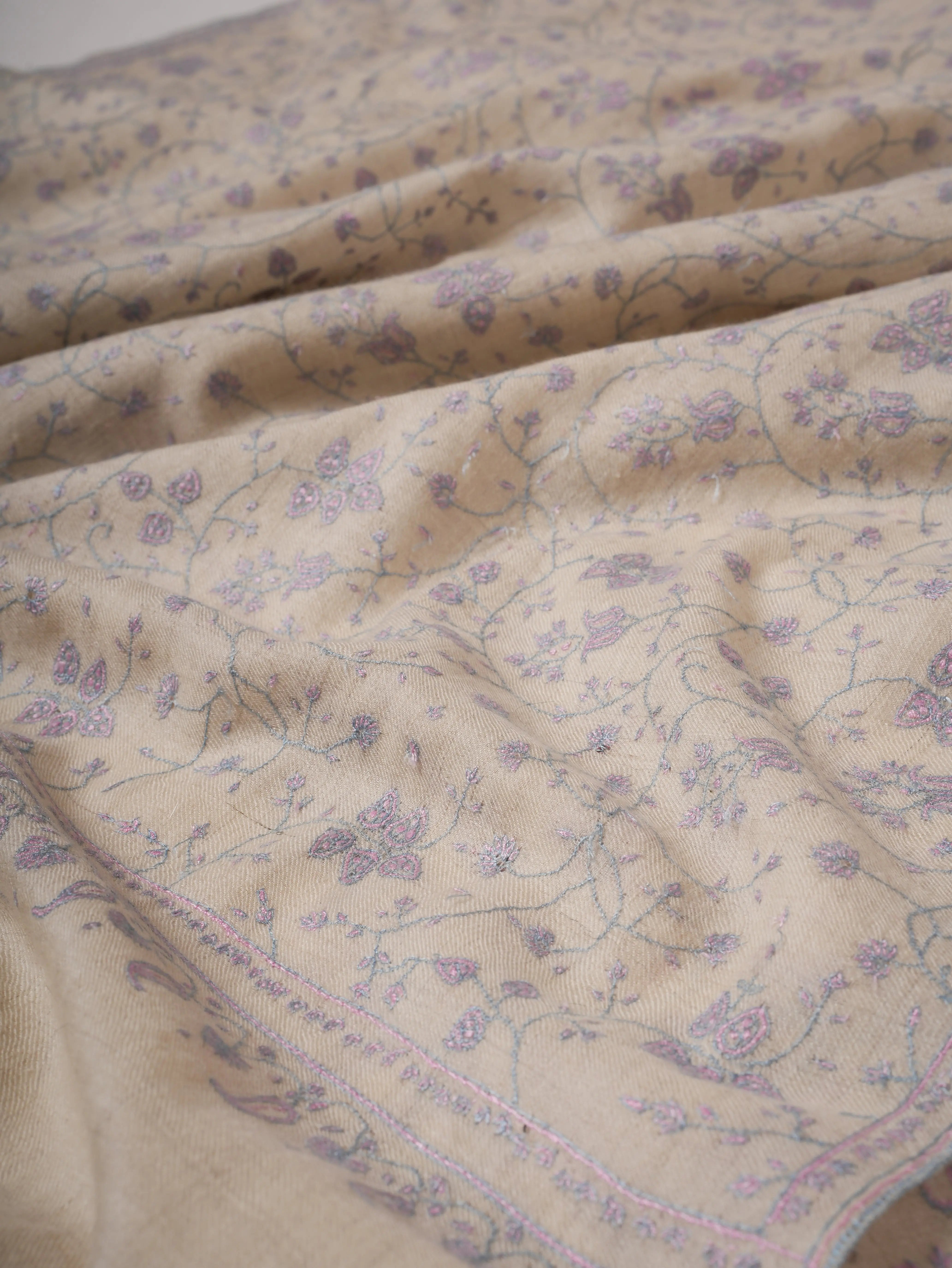 Ivory Pashmina Shawl with Pastel Jali Needlework Embroidery Shahkaar