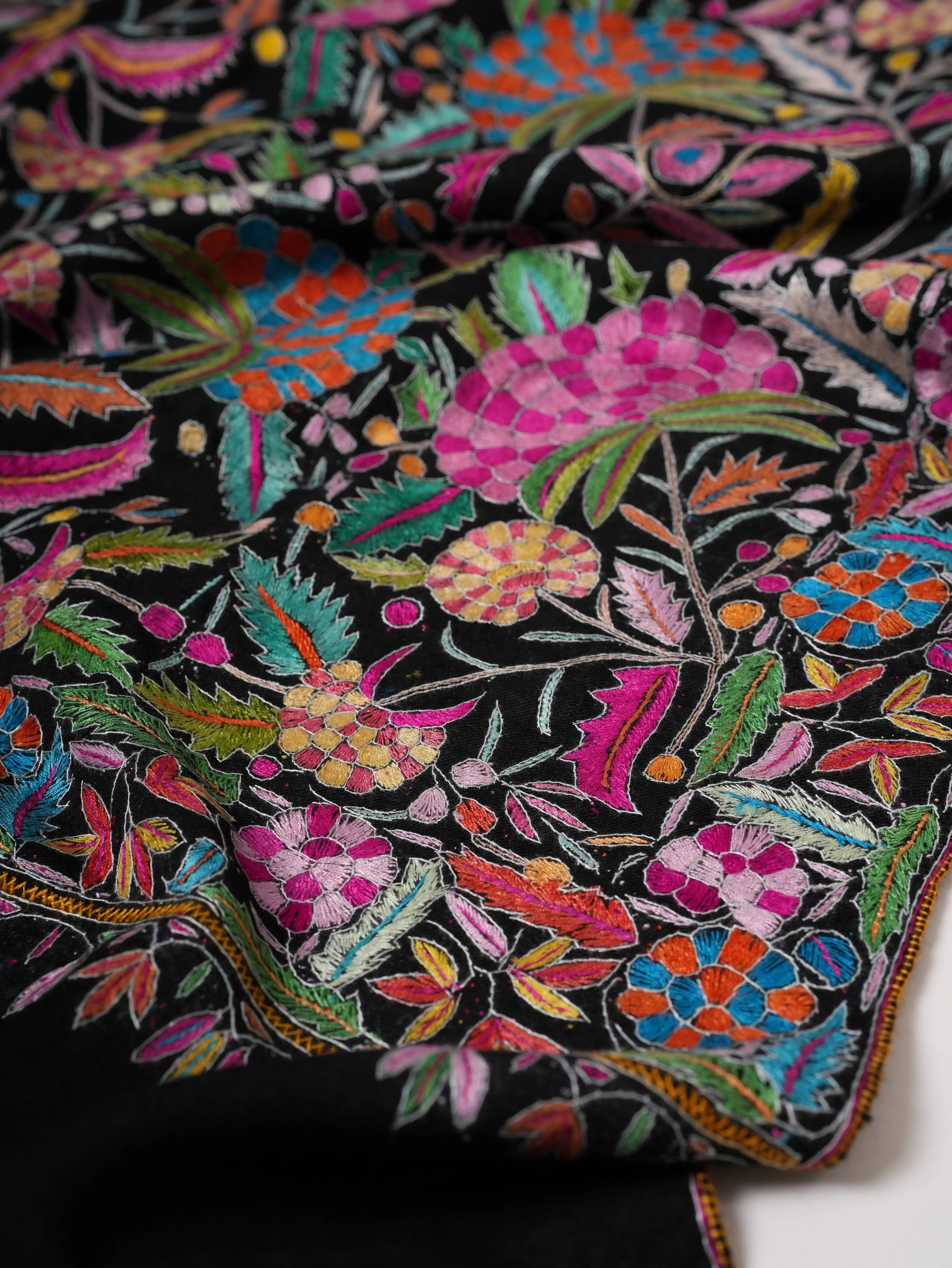 Black Pashmina Shawl with Handcrafted Floral Papermachie Motifs Shahkaar