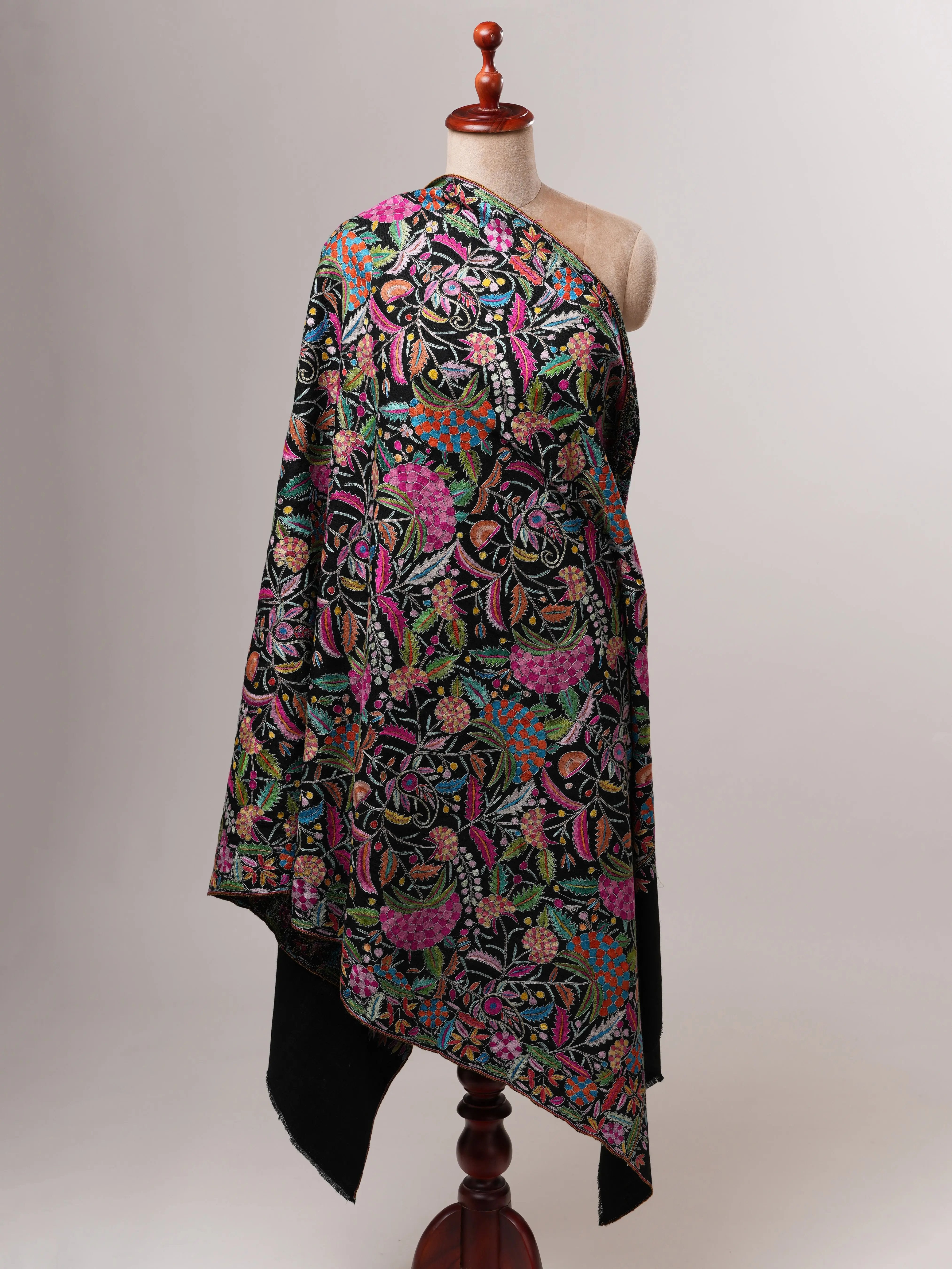 Black Pashmina Shawl with Handcrafted Floral Papermachie Motifs Shahkaar