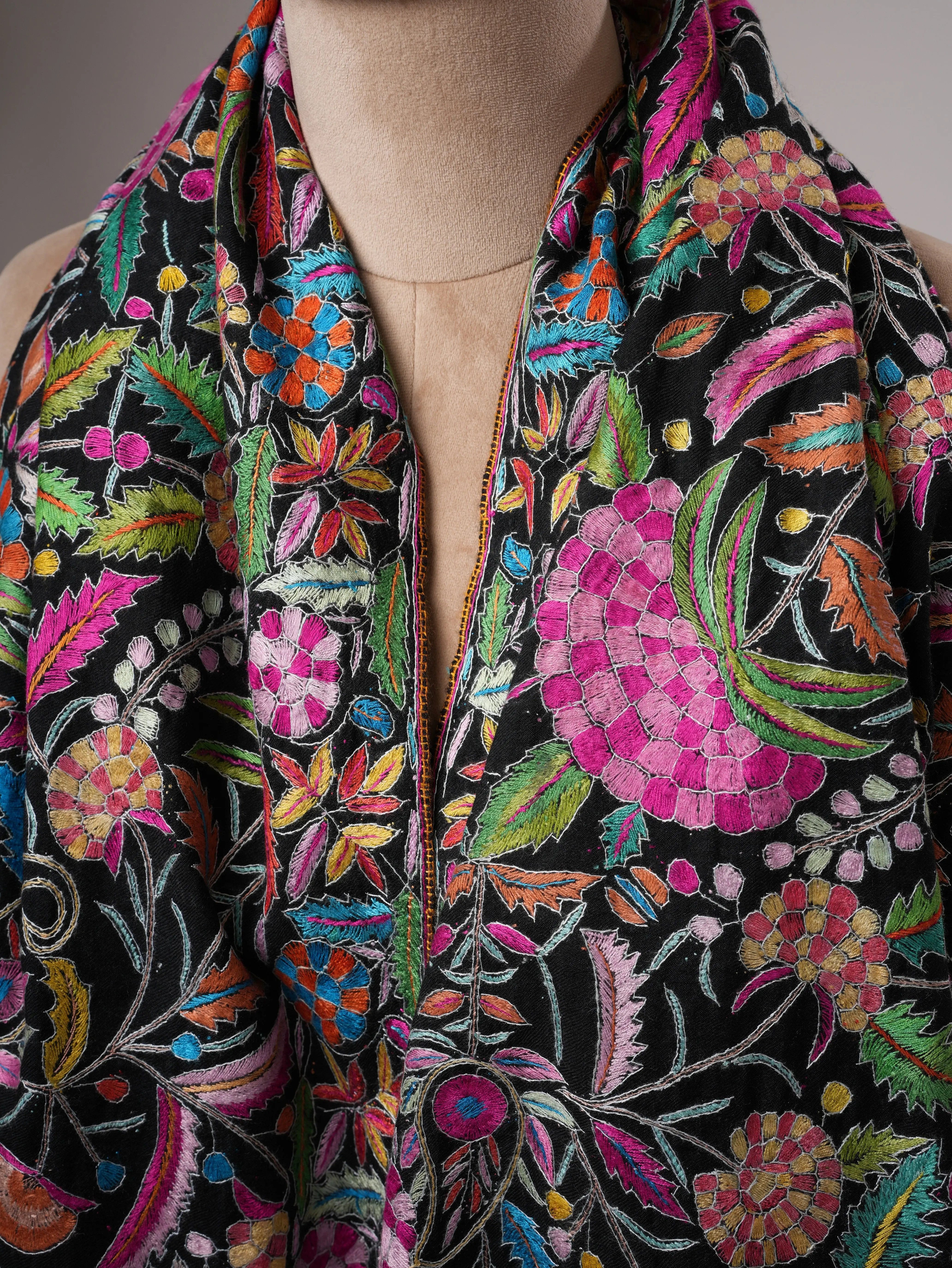 Black Pashmina Shawl with Handcrafted Floral Papermachie Motifs Shahkaar