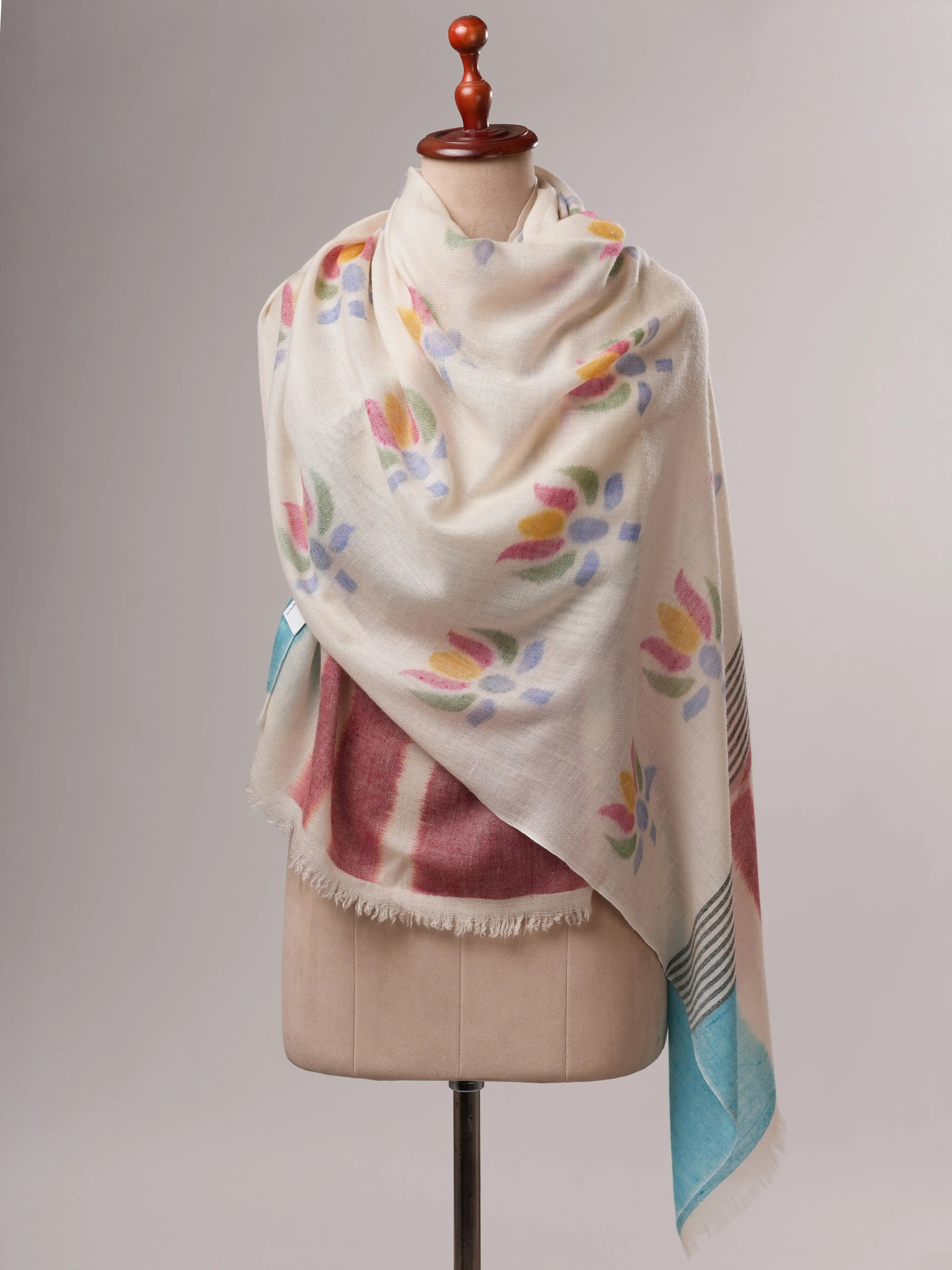 Artisan Crafted Pure Pashmina Shawl with Ikat Floral Motifs Shahkaar