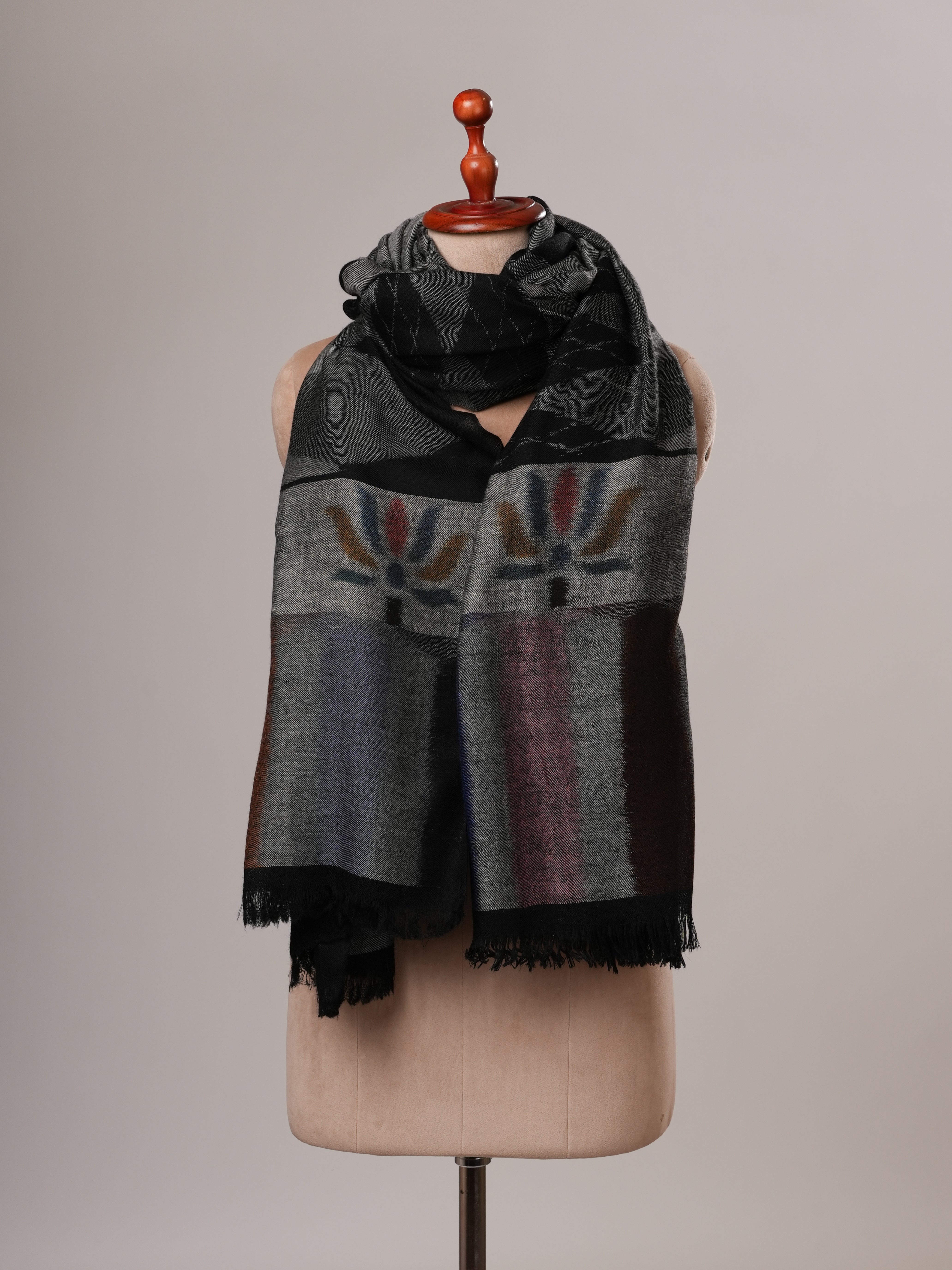 Black Oversized Ikat Pashmina Shawl with Floral Ikat Palla Shahkaar