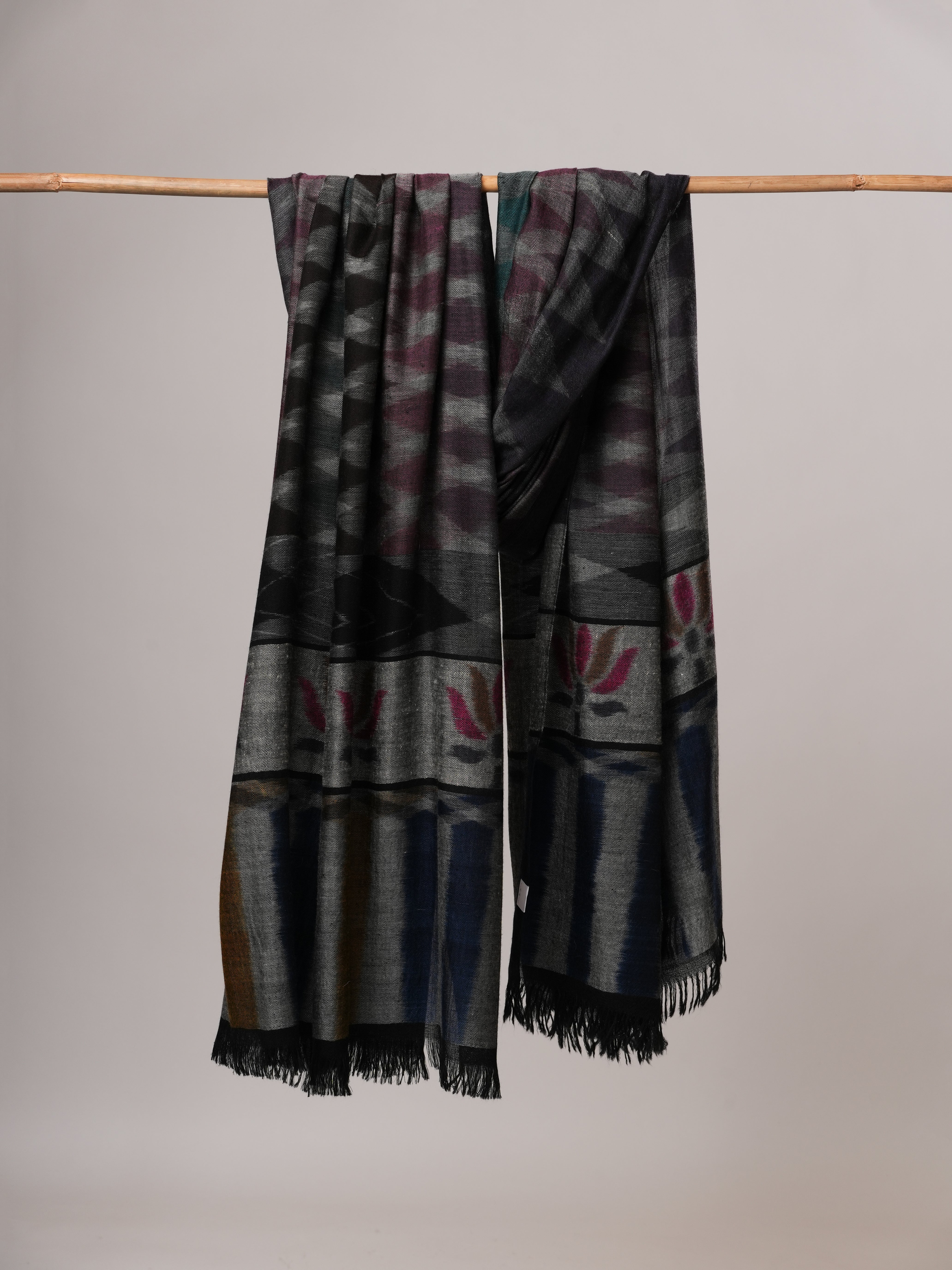 Oversized Black Ikat Handwoven Indian Pashmina Shawl Shahkaar