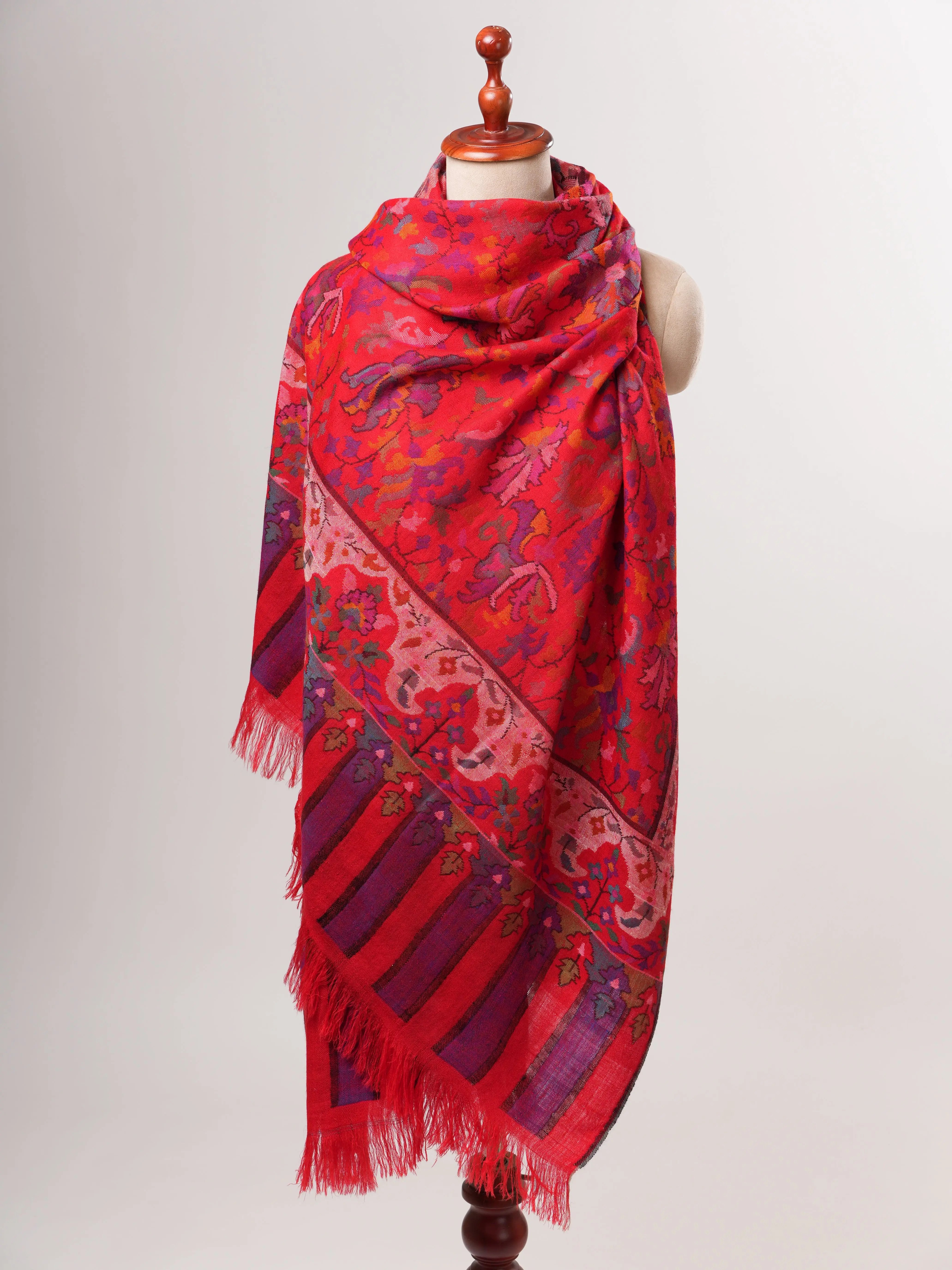 Handwoven Blood Red Kani Pashmina Jamavar Shawl Shahkaar