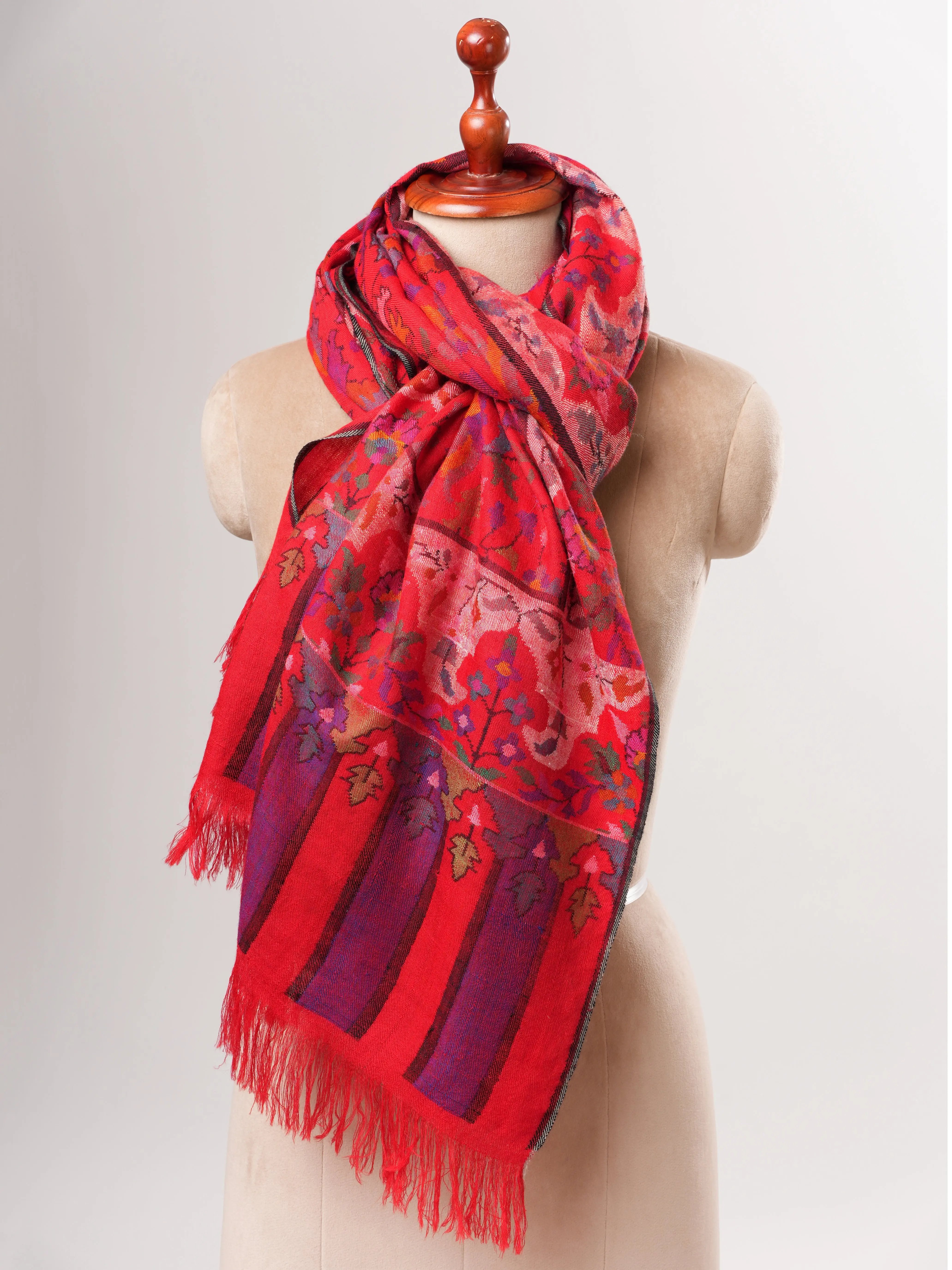 Handwoven Blood Red Kani Pashmina Jamavar Shawl Shahkaar