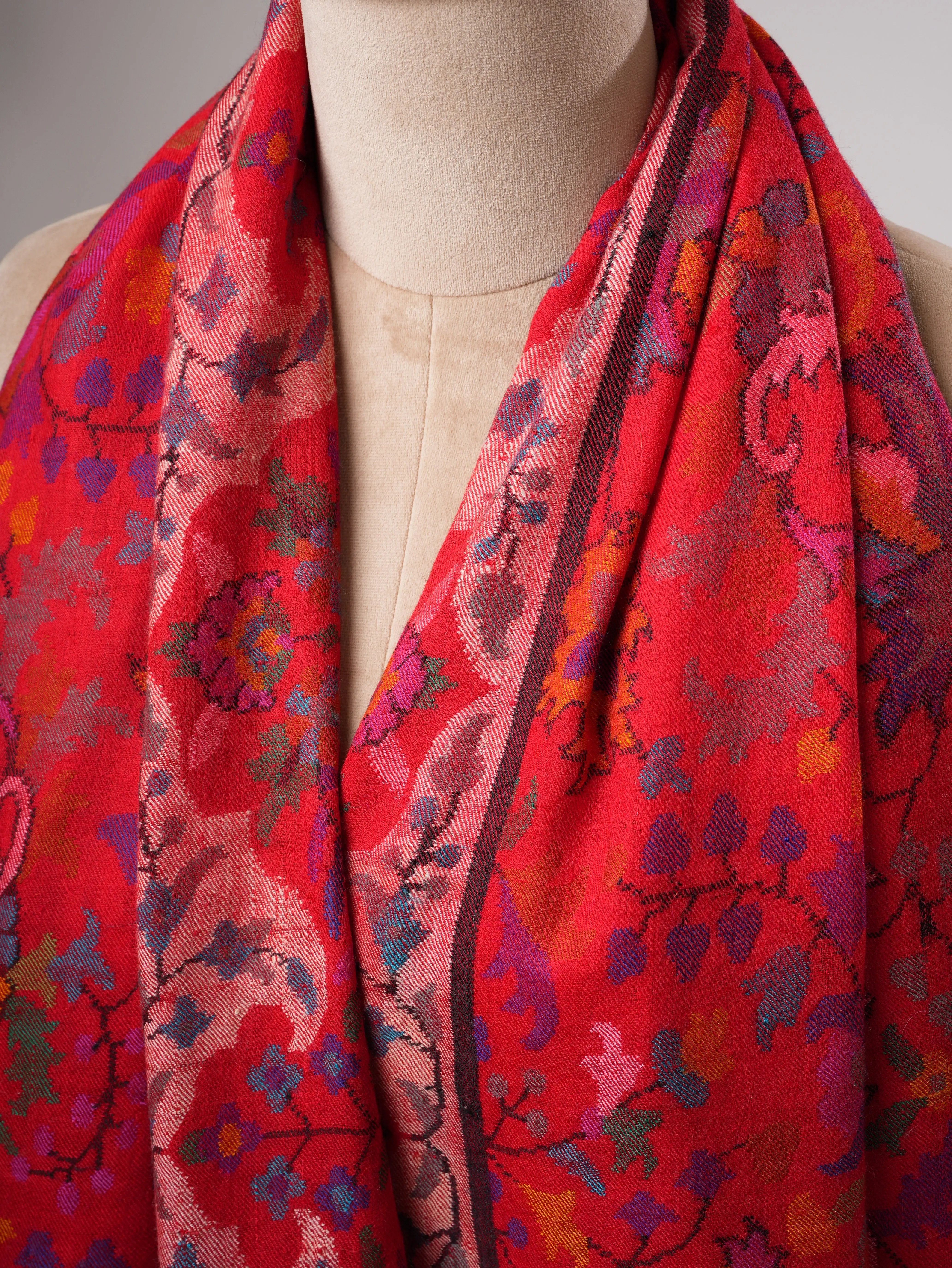 Handwoven Blood Red Kani Pashmina Jamavar Shawl Shahkaar