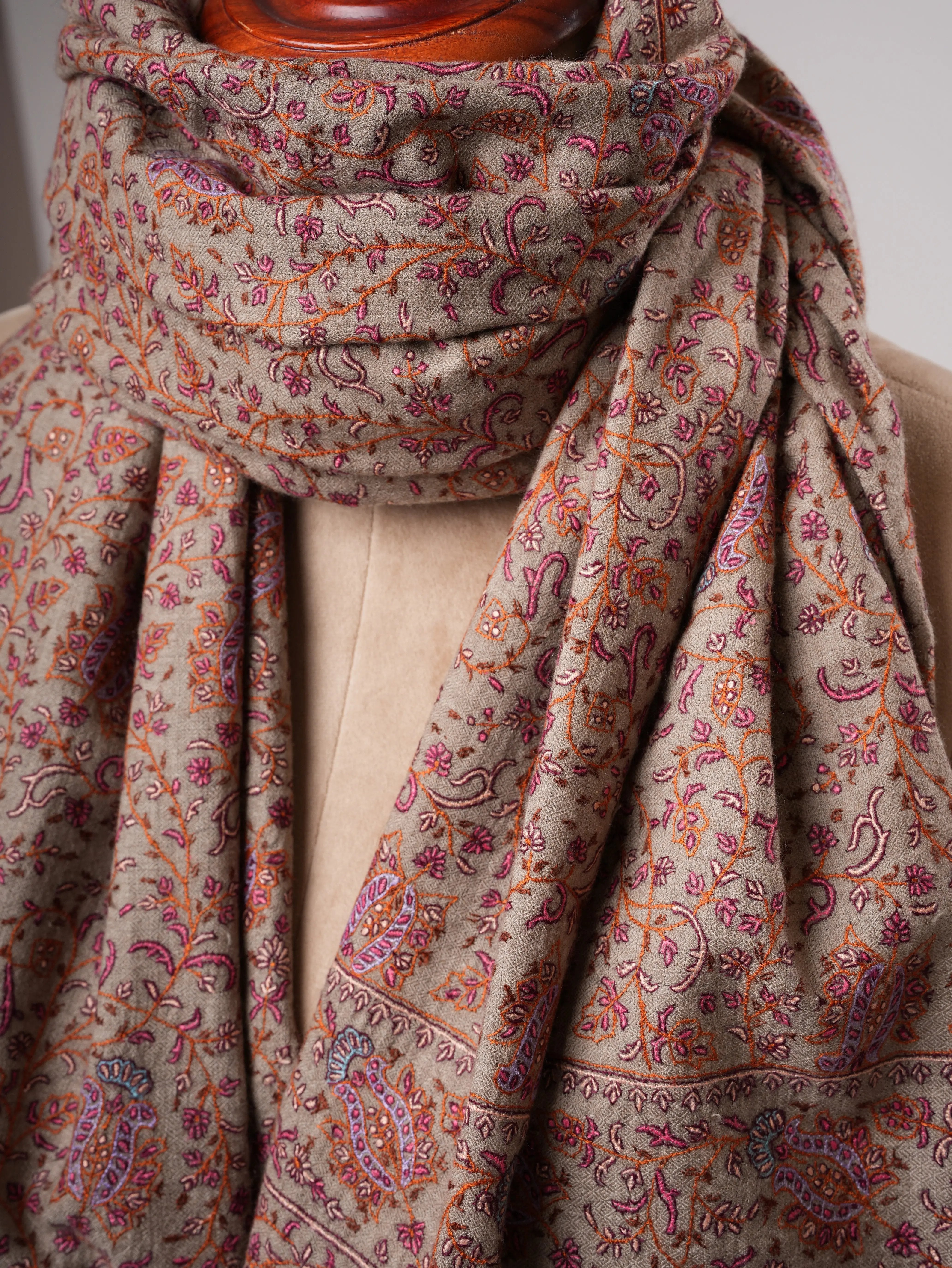 Handwoven Natural Grey Pashmina Shawl with Khakikaar Jali Embroidery Shahkaar