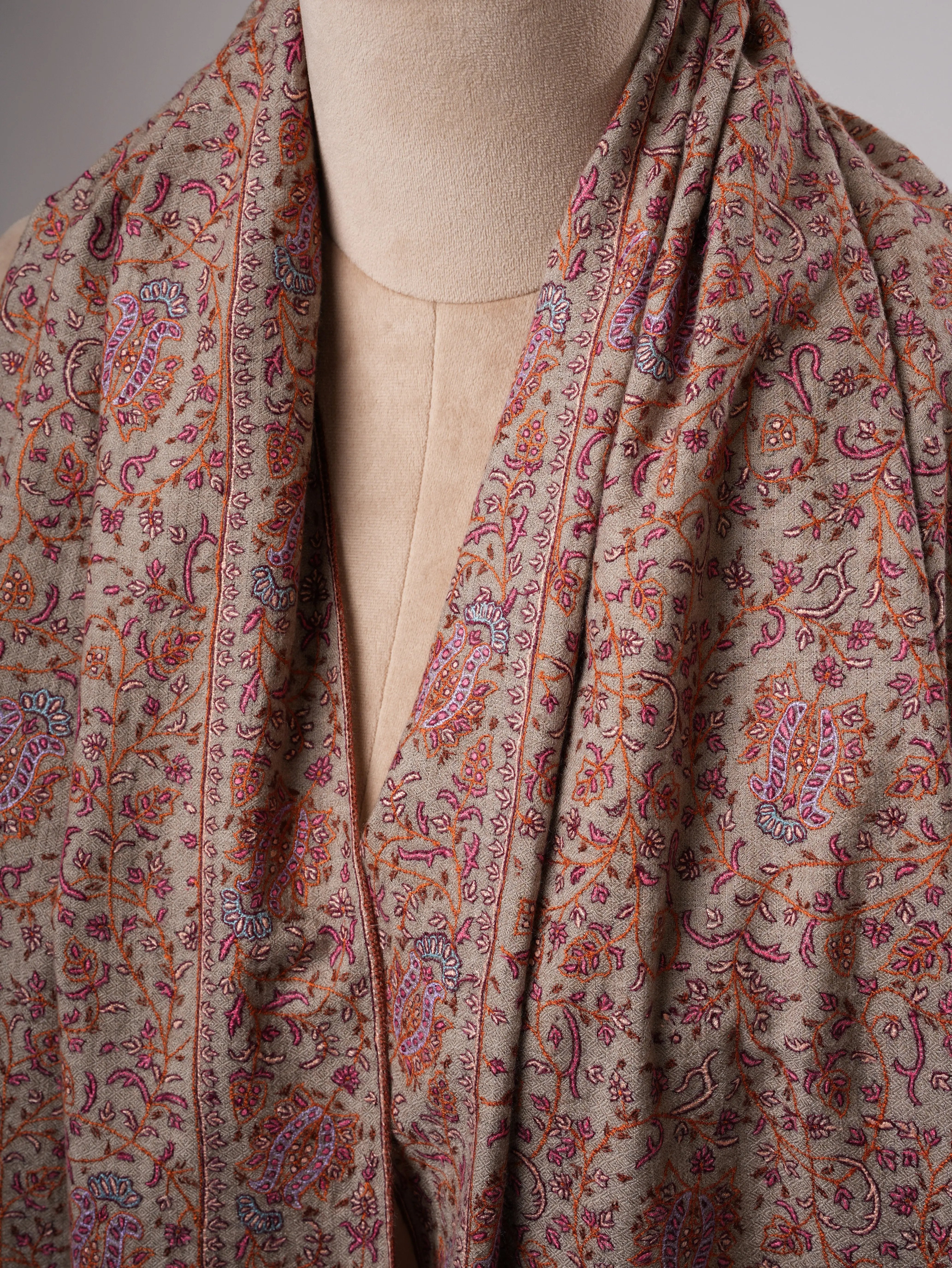 Handwoven Natural Grey Pashmina Shawl with Khakikaar Jali Embroidery Shahkaar