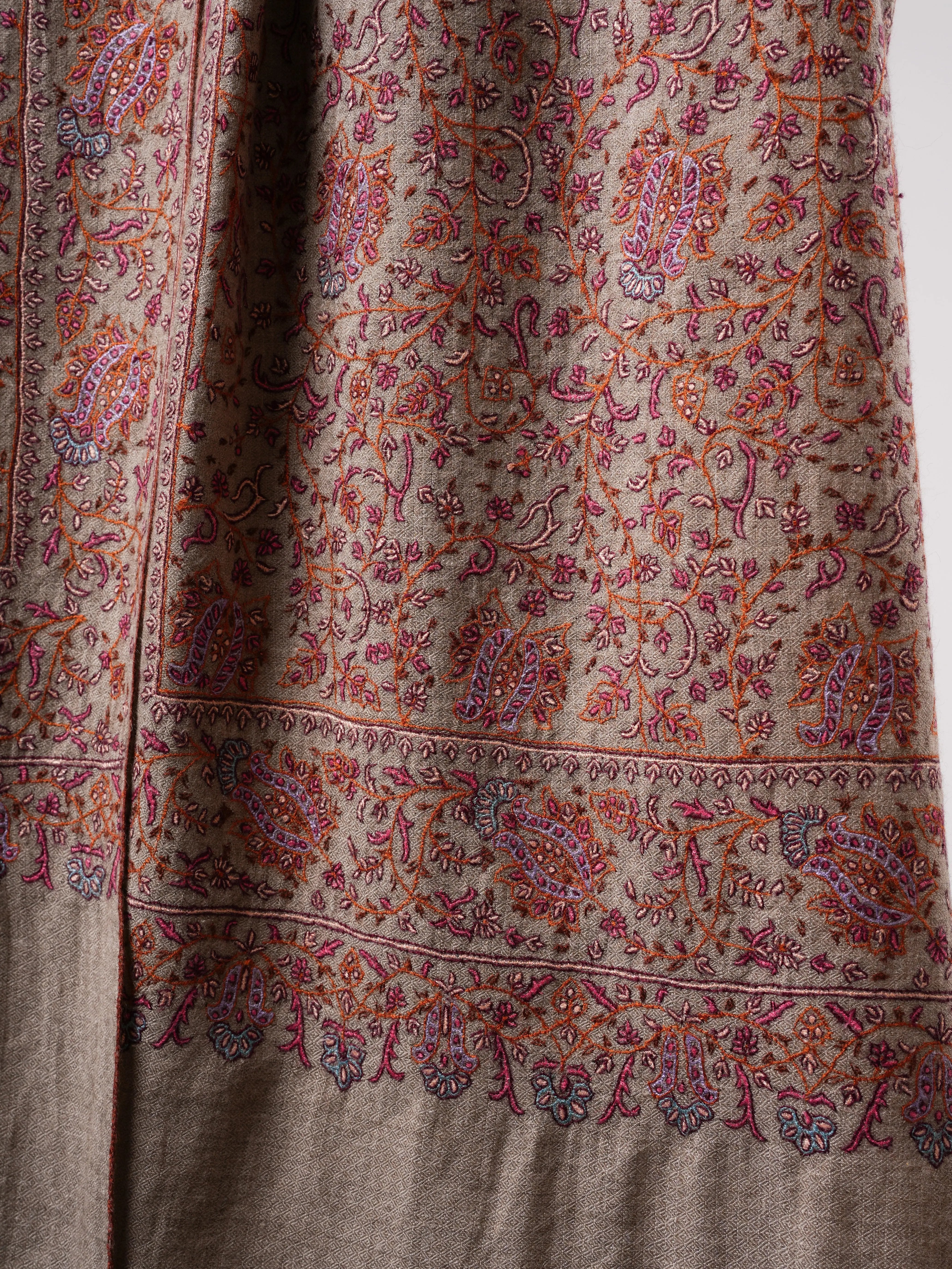Handwoven Natural Grey Pashmina Shawl with Khakikaar Jali Embroidery Shahkaar