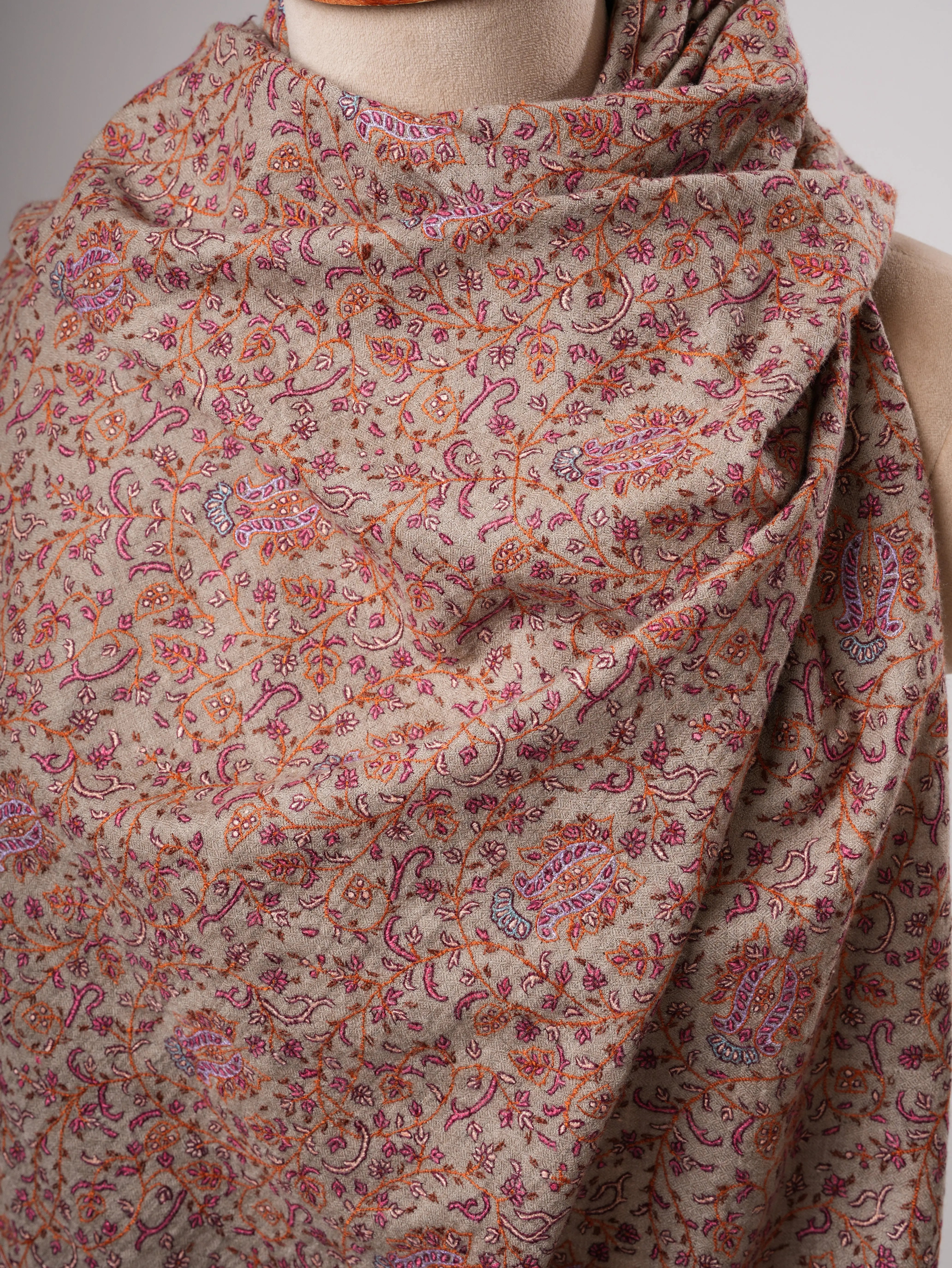 Handwoven Natural Grey Pashmina Shawl with Khakikaar Jali Embroidery Shahkaar