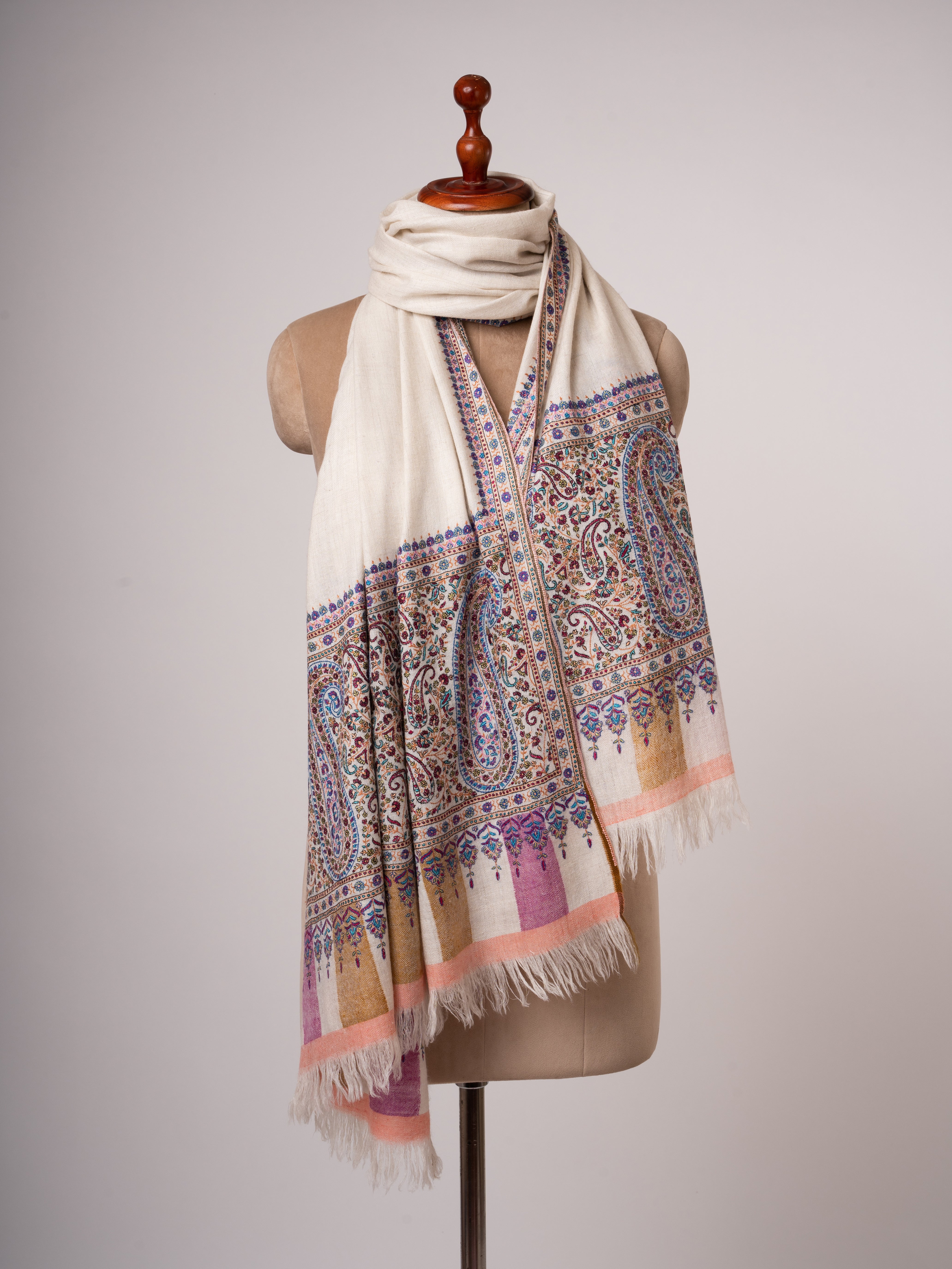 Handspun Kashmiri Pashmina Shawl Kani Weave & Palla Embroidery on Ends Shahkaar