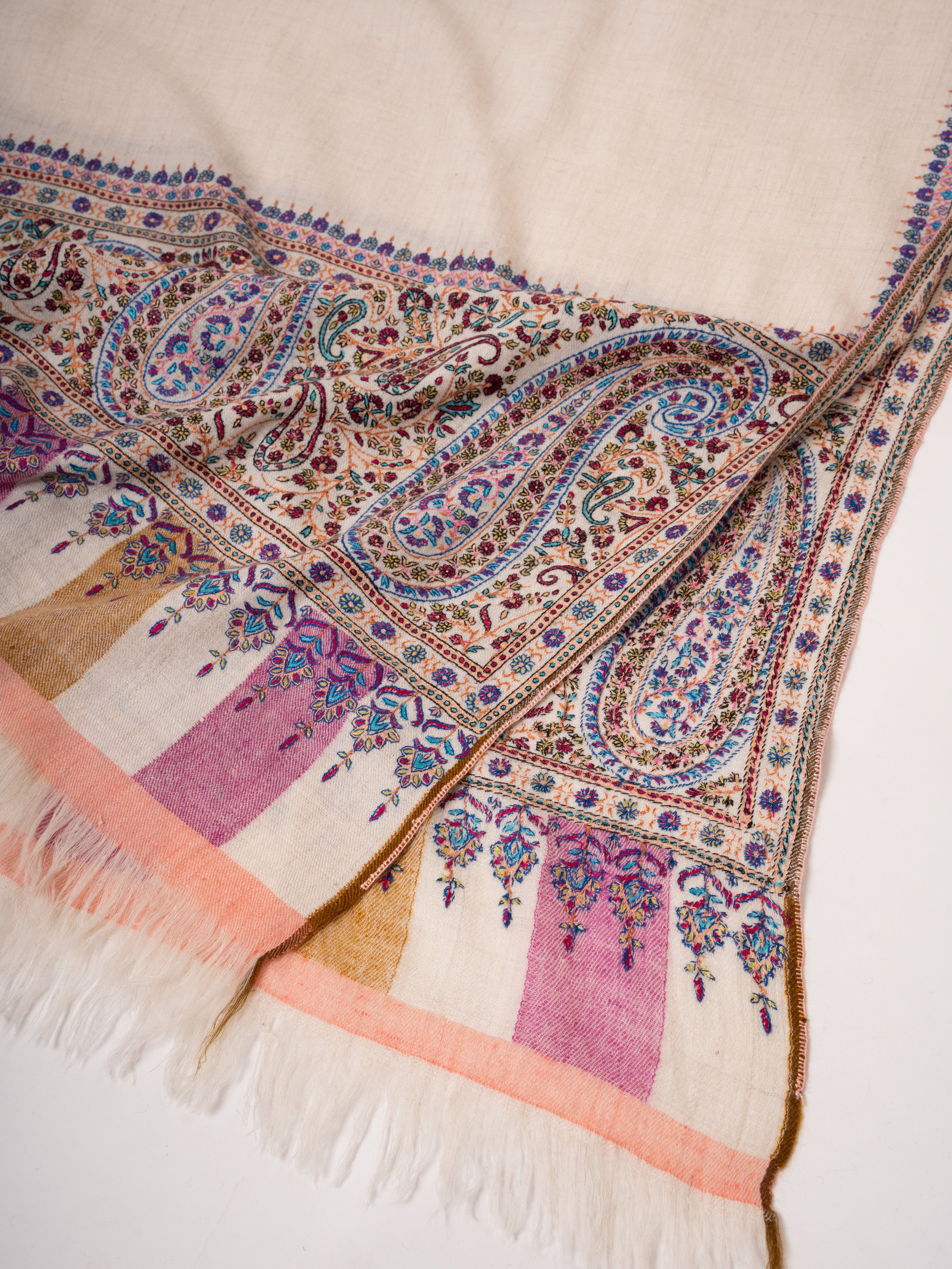 Handspun Kashmiri Pashmina Shawl Kani Weave & Palla Embroidery on Ends Shahkaar