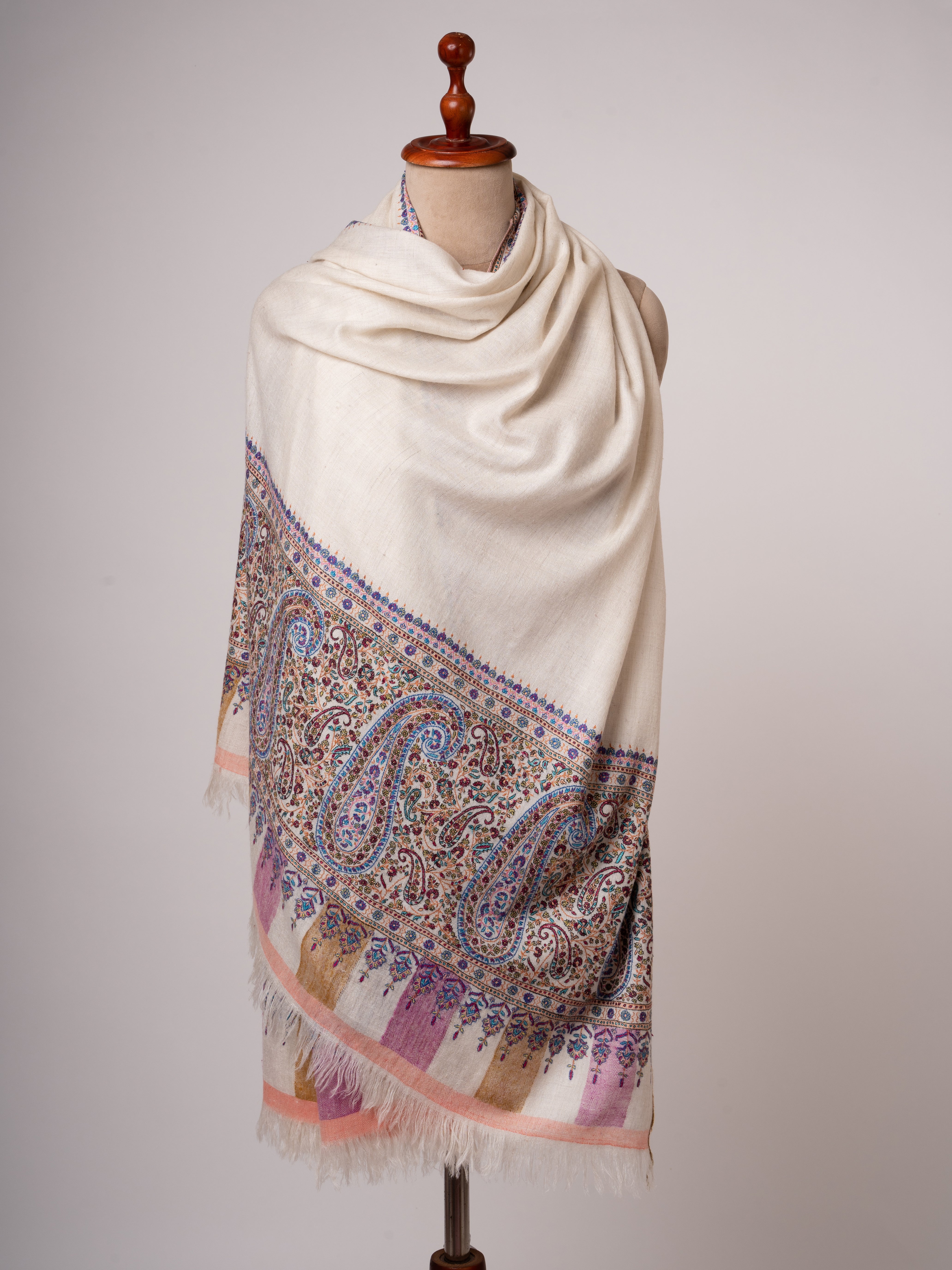 Handspun Kashmiri Pashmina Shawl Kani Weave & Palla Embroidery on Ends Shahkaar