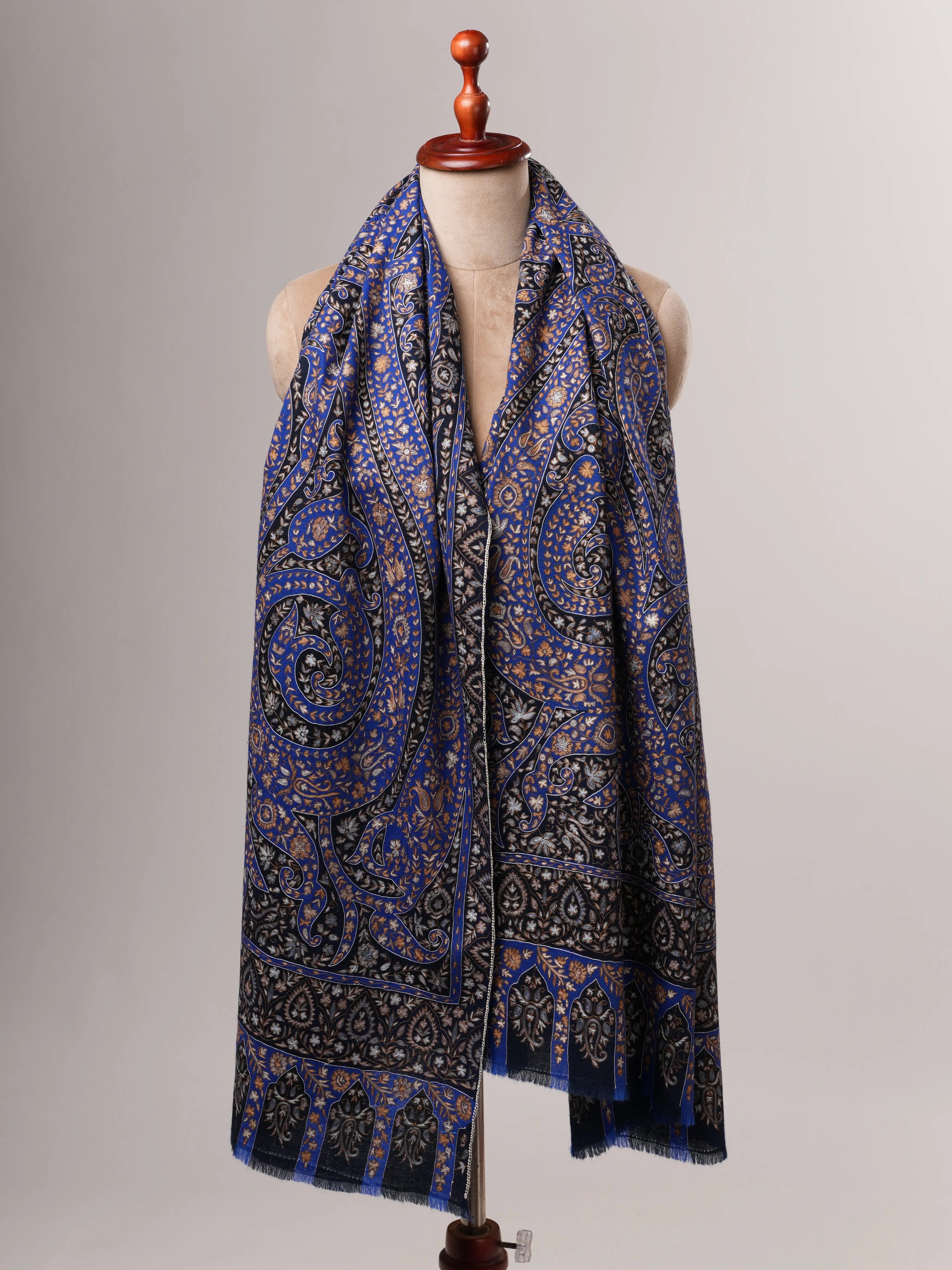 Blue Kalamkari Pashmina Shawl with Hand Hook Embroidery Shahkaar
