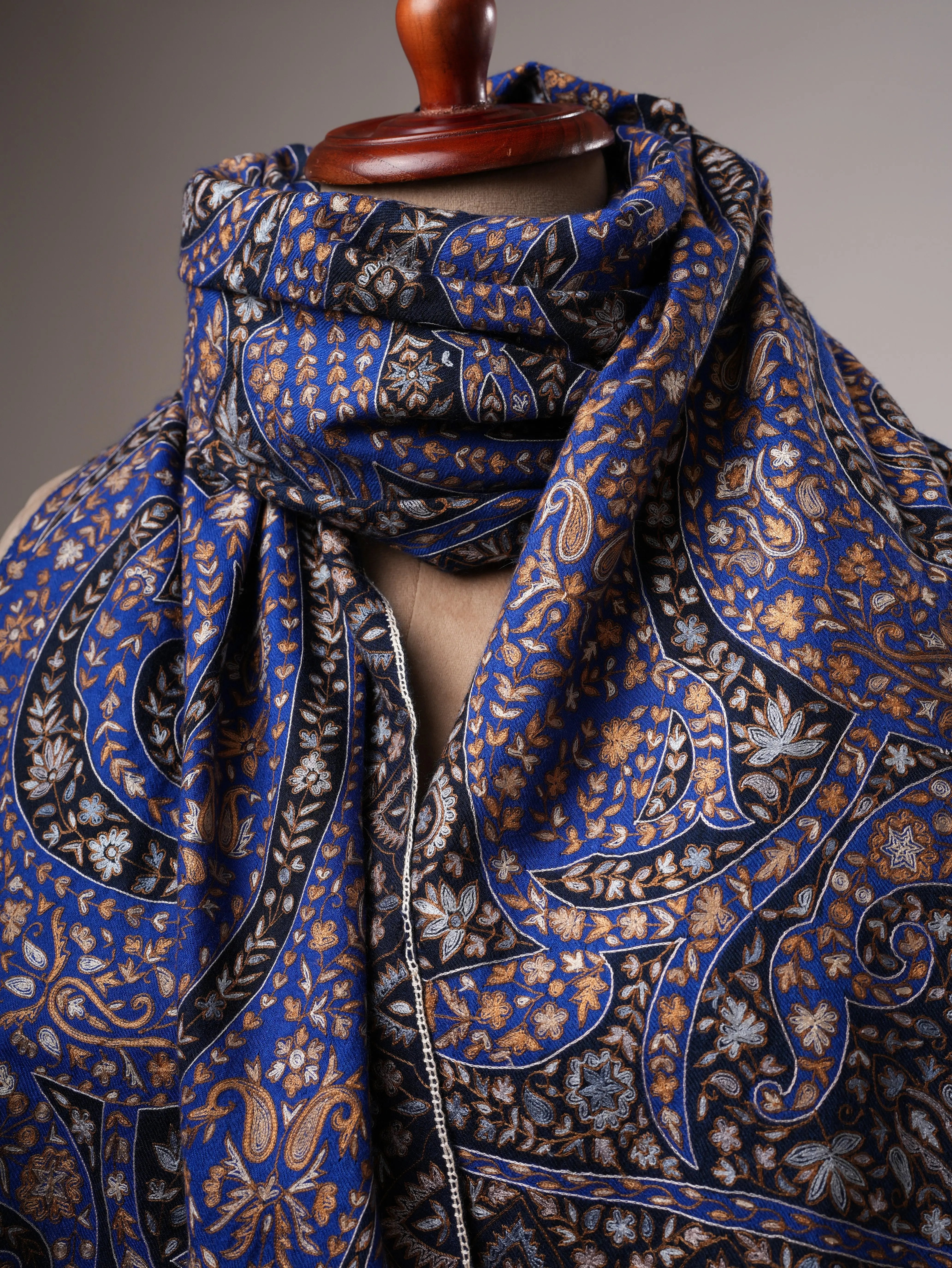 Blue Kalamkari Pashmina Shawl with Hand Hook Embroidery Shahkaar