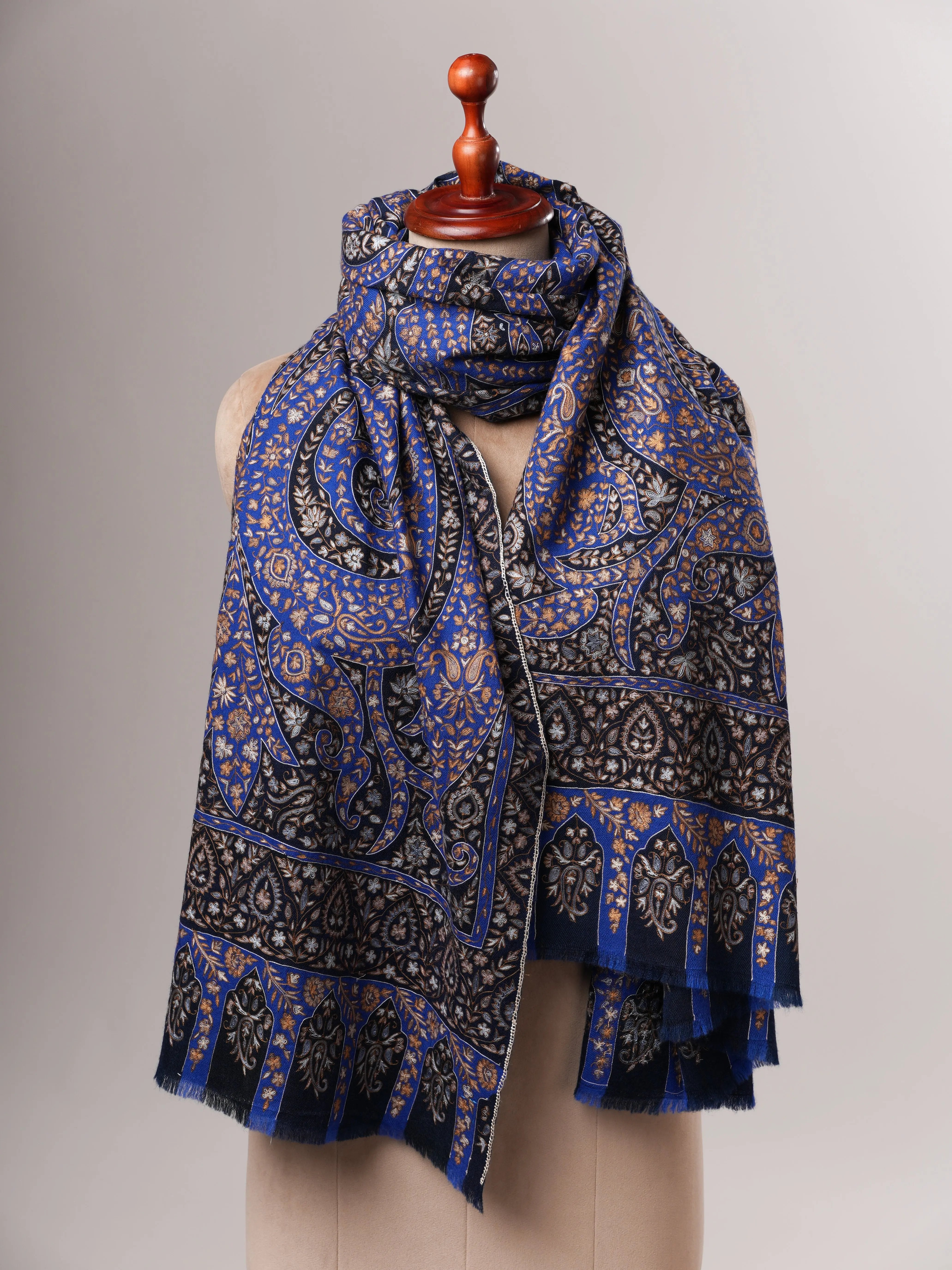 Blue Kalamkari Pashmina Shawl with Hand Hook Embroidery Shahkaar