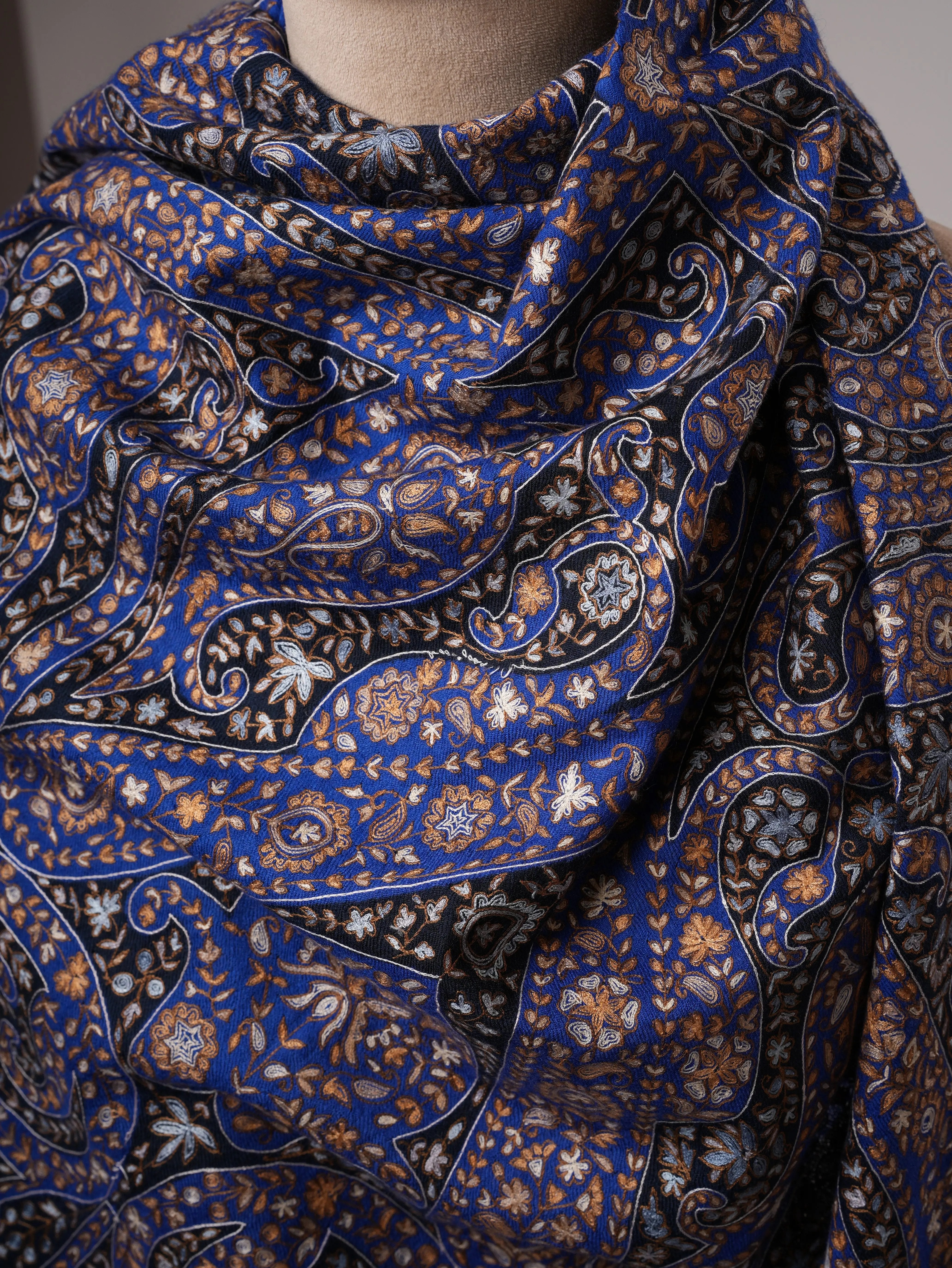 Blue Kalamkari Pashmina Shawl with Hand Hook Embroidery Shahkaar