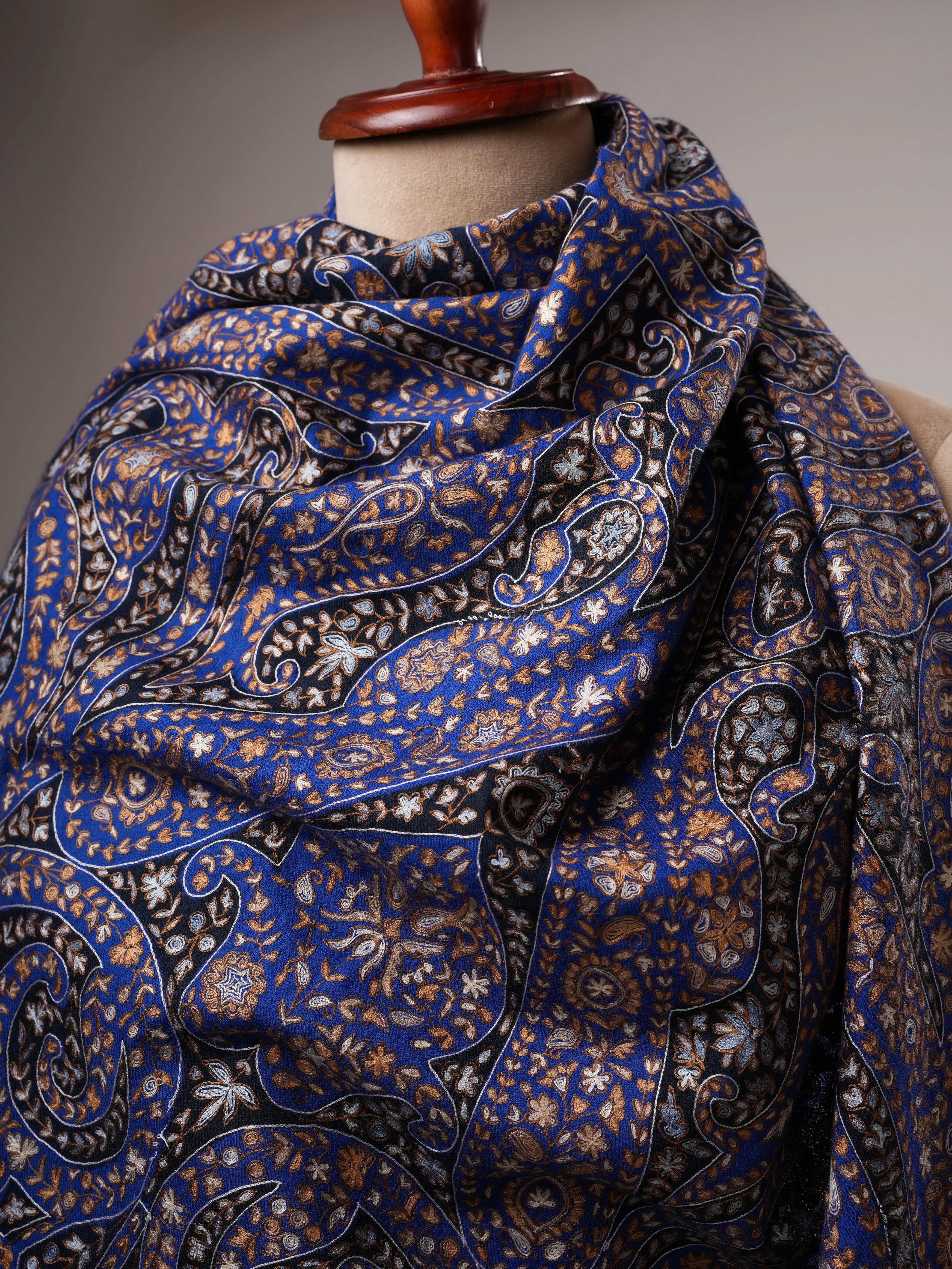 Blue Kalamkari Pashmina Shawl with Hand Hook Embroidery Shahkaar