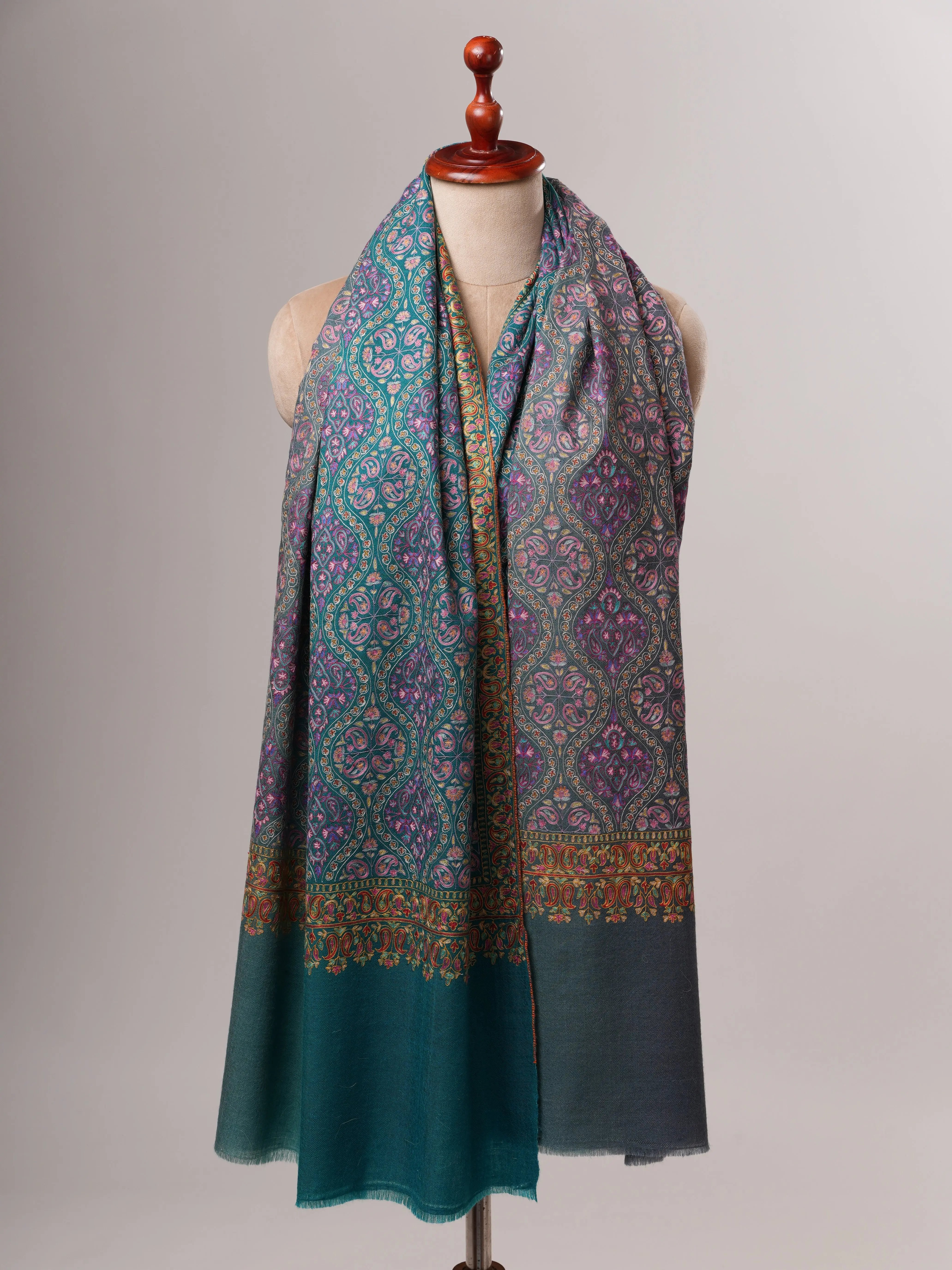 Kashmiri Pashmina Shawl in Turquoise Ombrie with Hand Hook Embroidery Shahkaar