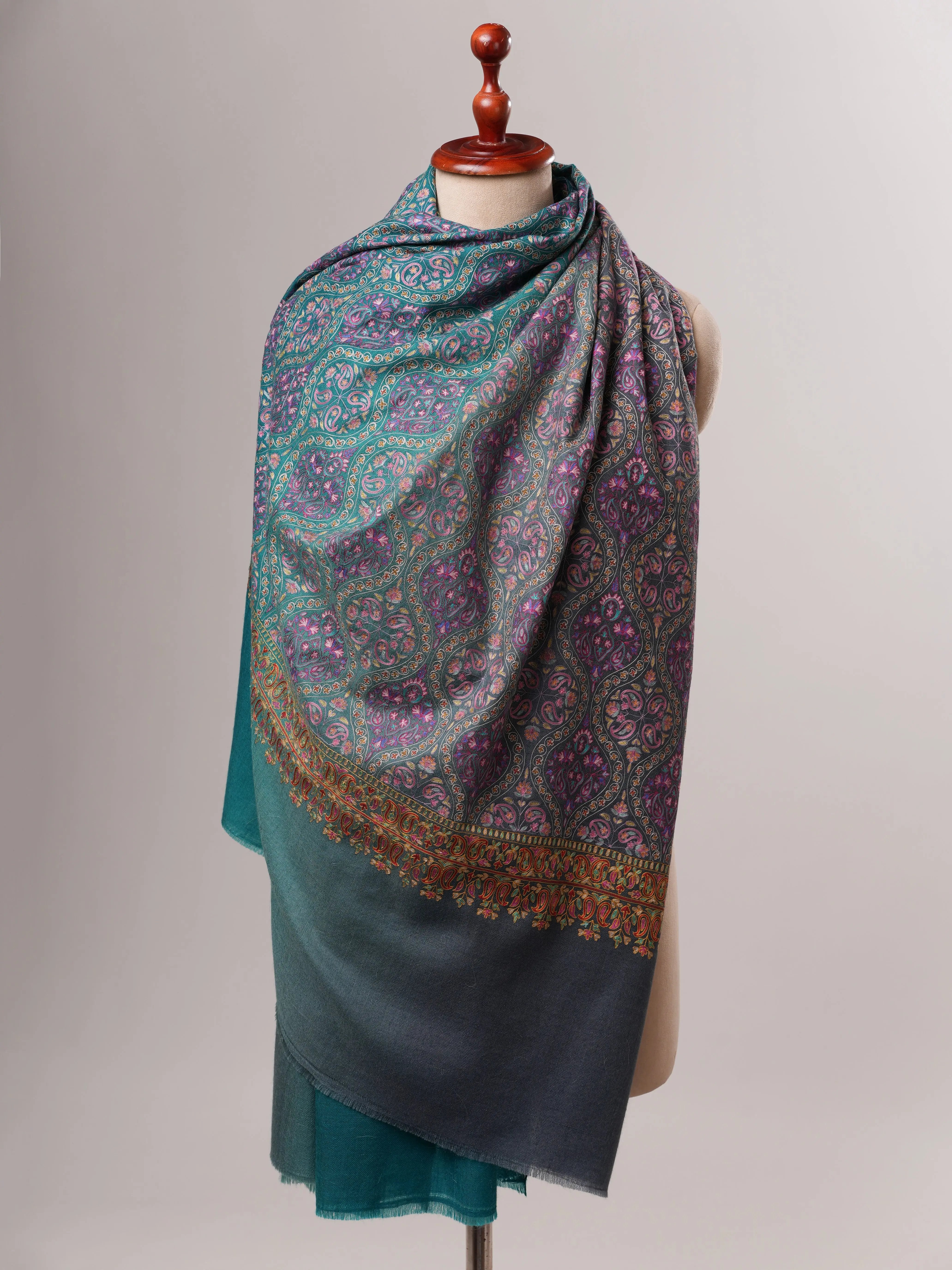 Kashmiri Pashmina Shawl in Turquoise Ombrie with Hand Hook Embroidery Shahkaar