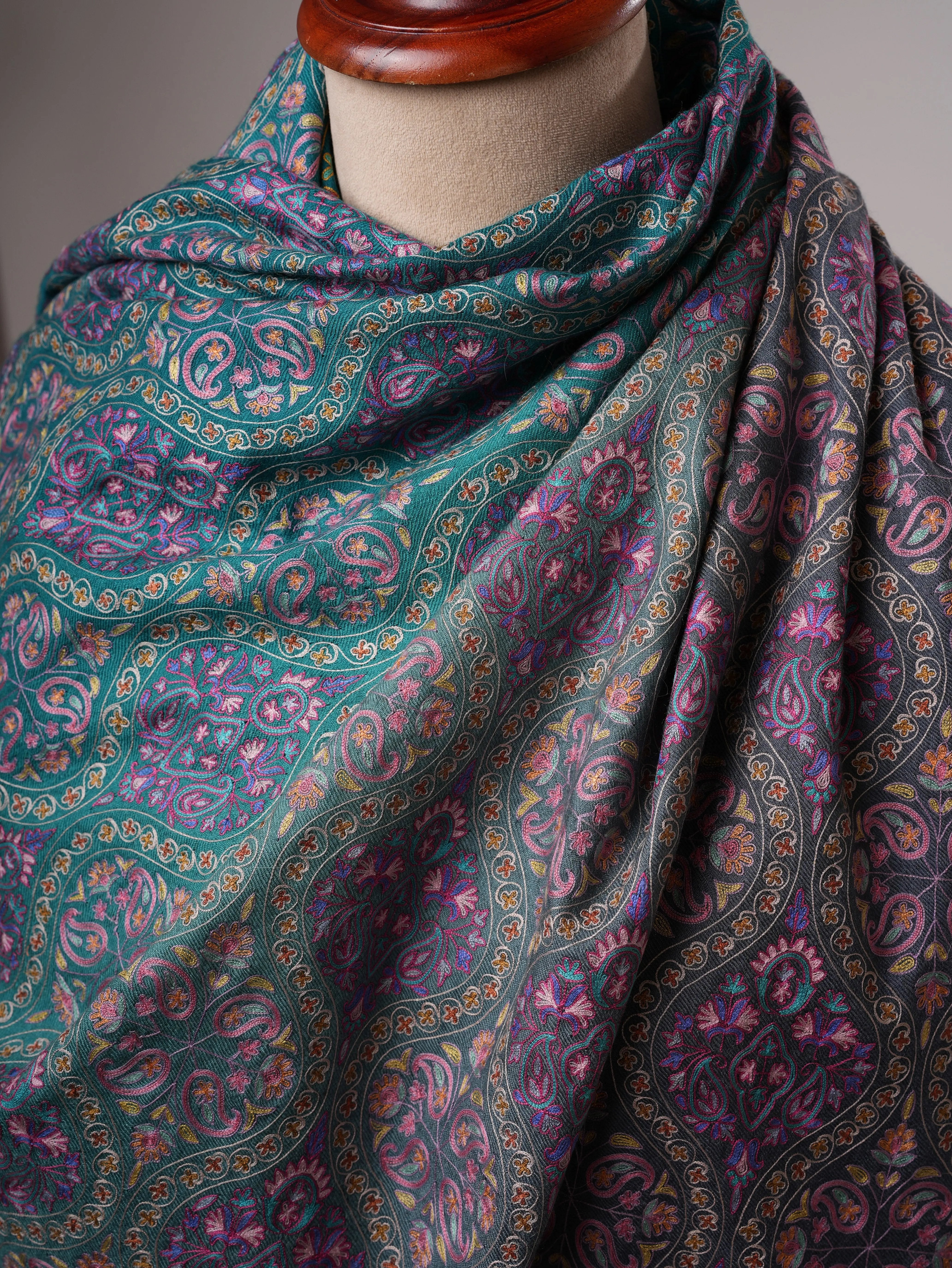 Kashmiri Pashmina Shawl in Turquoise Ombrie with Hand Hook Embroidery Shahkaar