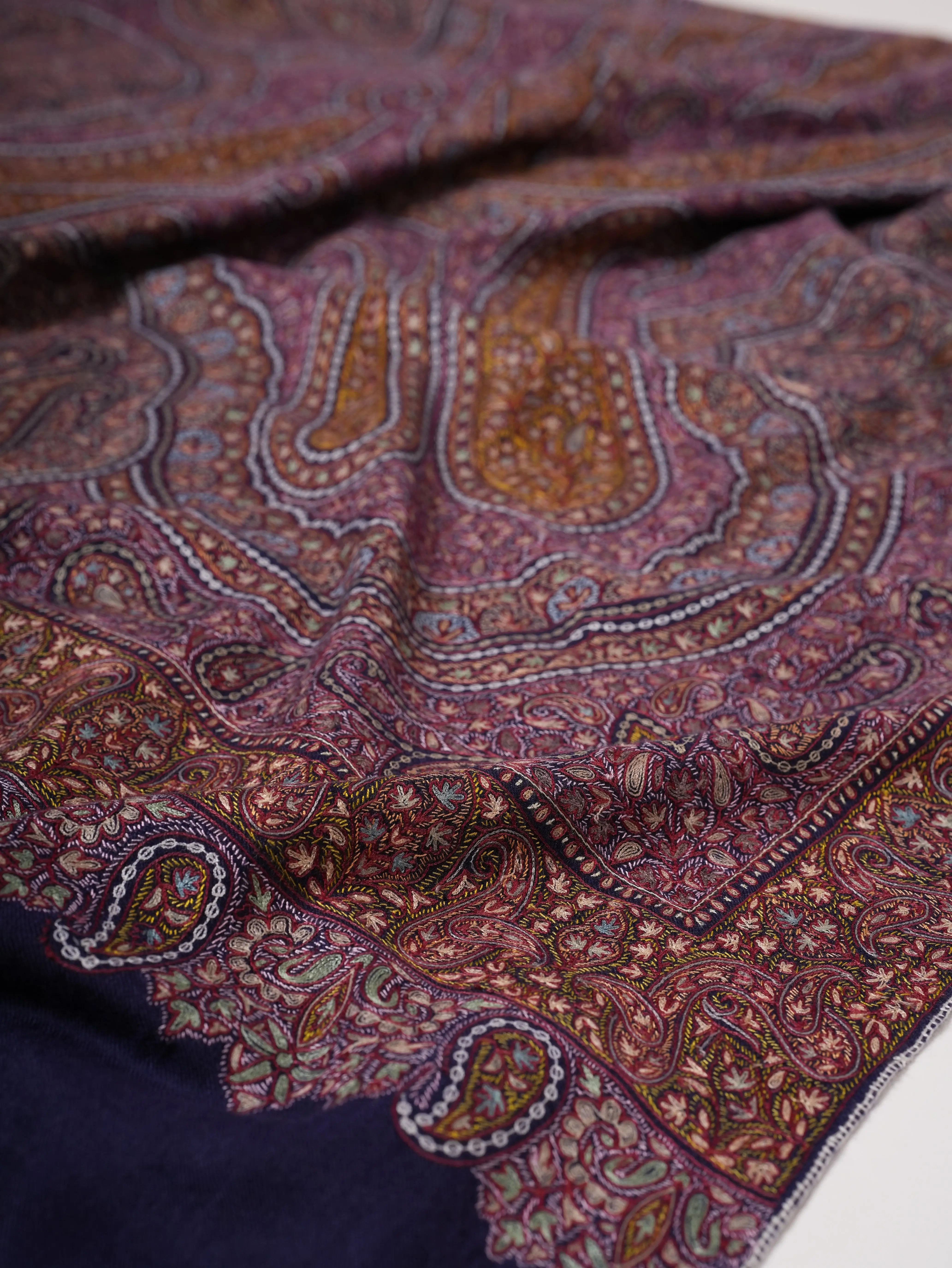Dark Blue Jamavar Pashmina Shawl with Hand Hook & Sozni Embroidery Shahkaar