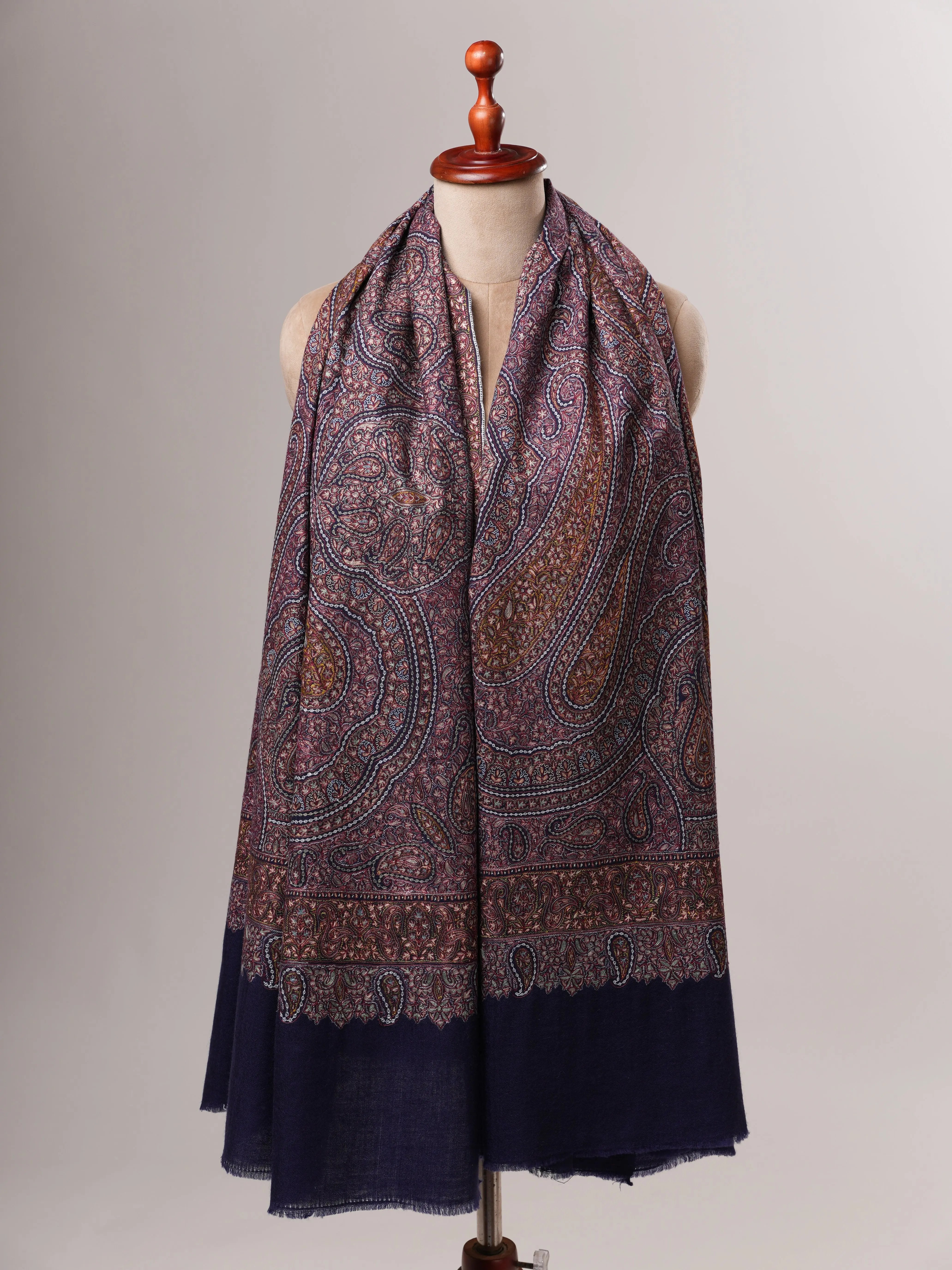 Dark Blue Jamavar Pashmina Shawl with Hand Hook & Sozni Embroidery Shahkaar