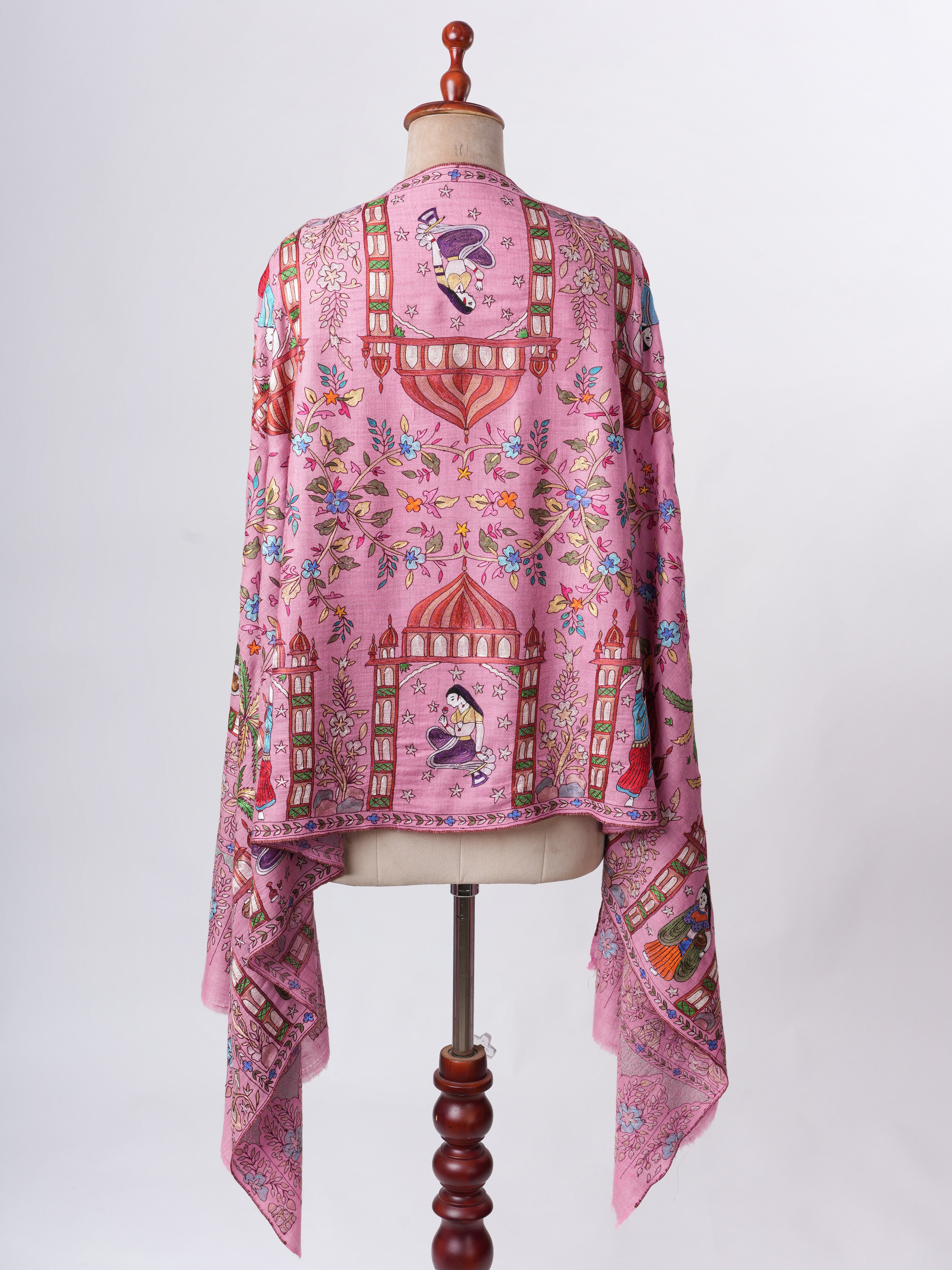 Pink Hand Embroidered Cashmere Scarf - Art Silk Zari Detalj