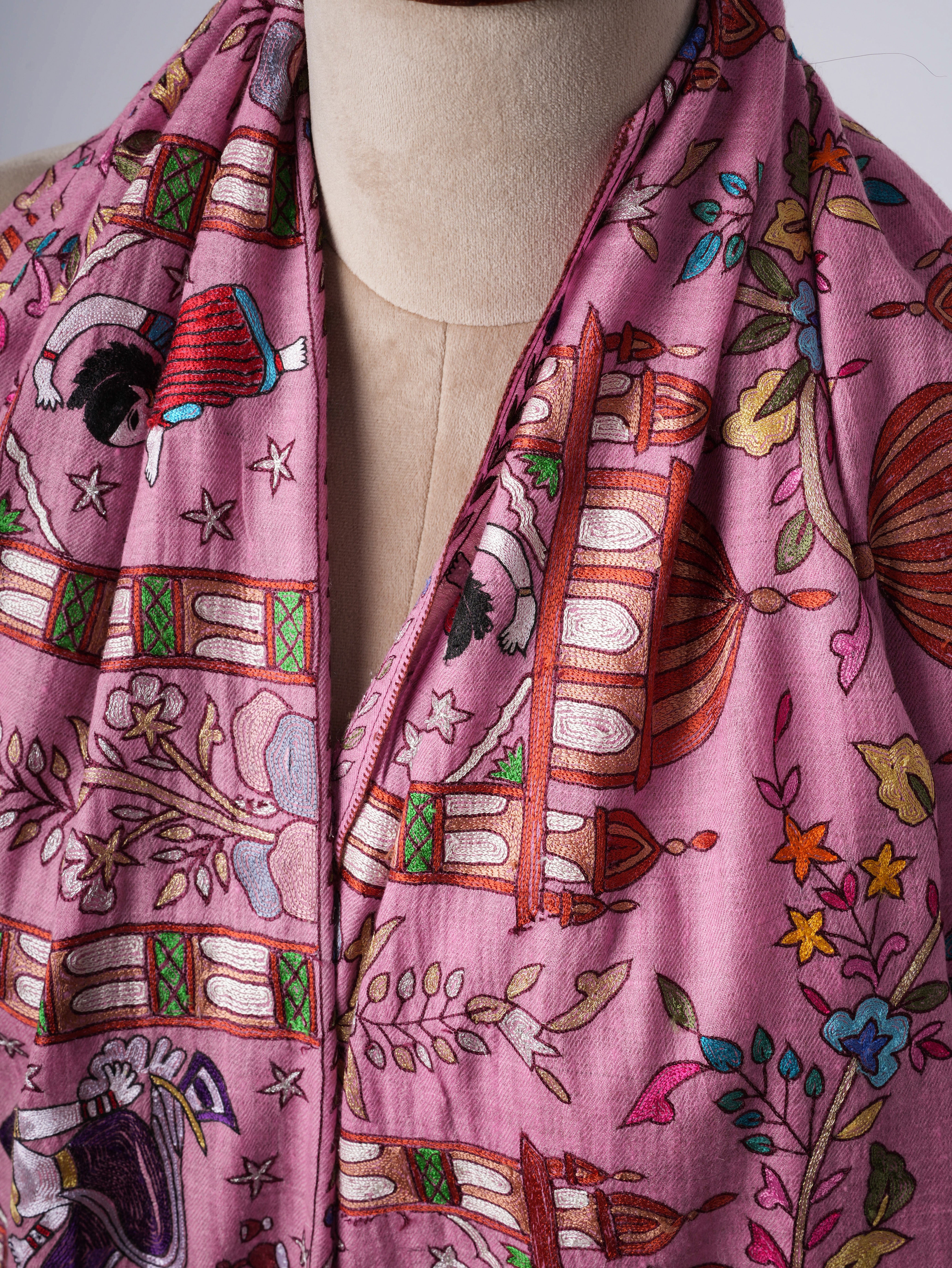 Pink Hand Embroidered Cashmere Scarf - Art Silk Zari Detalj