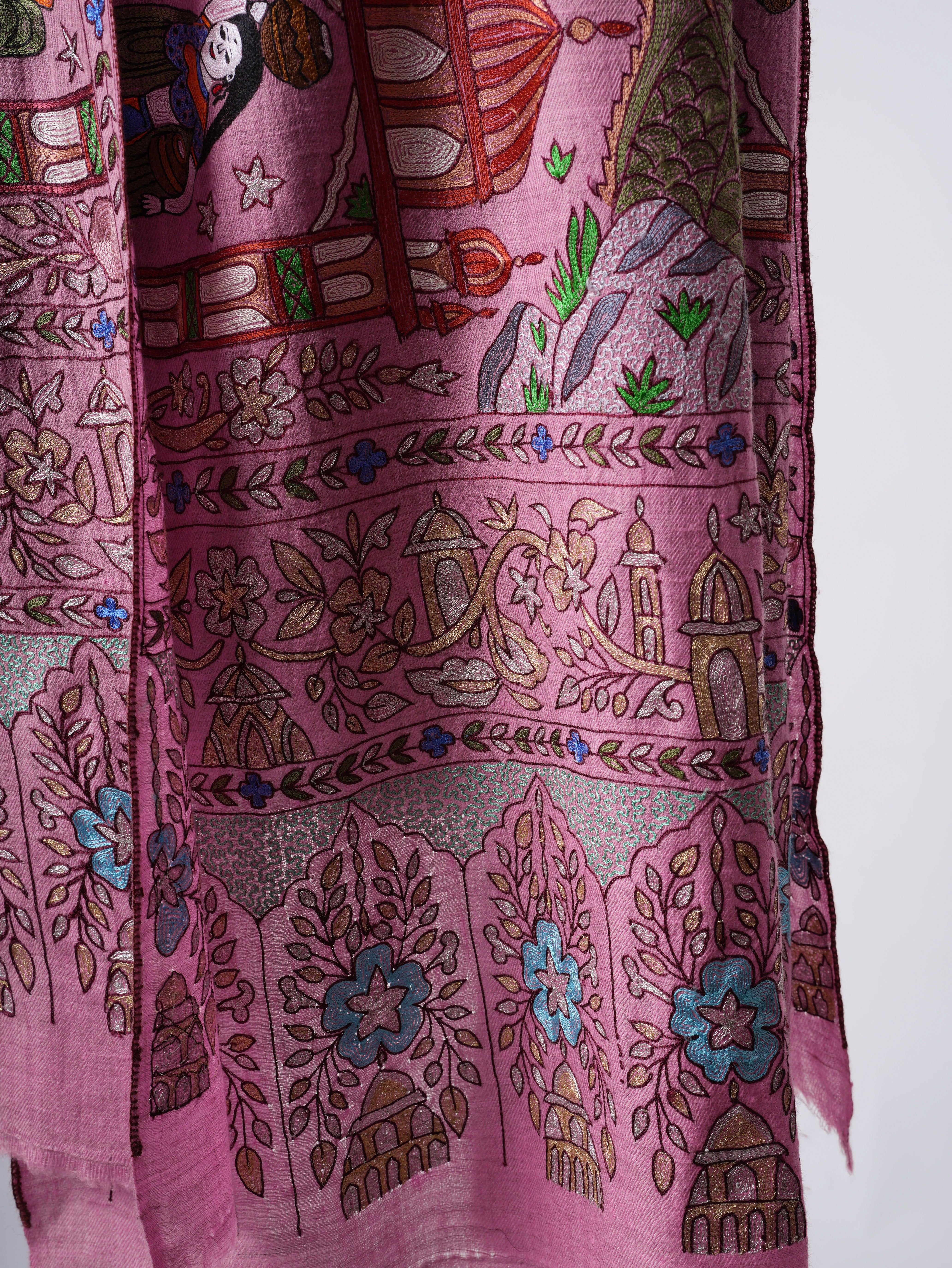 Pink Hand Embroidered Cashmere Scarf - Art Silk Zari Detalj
