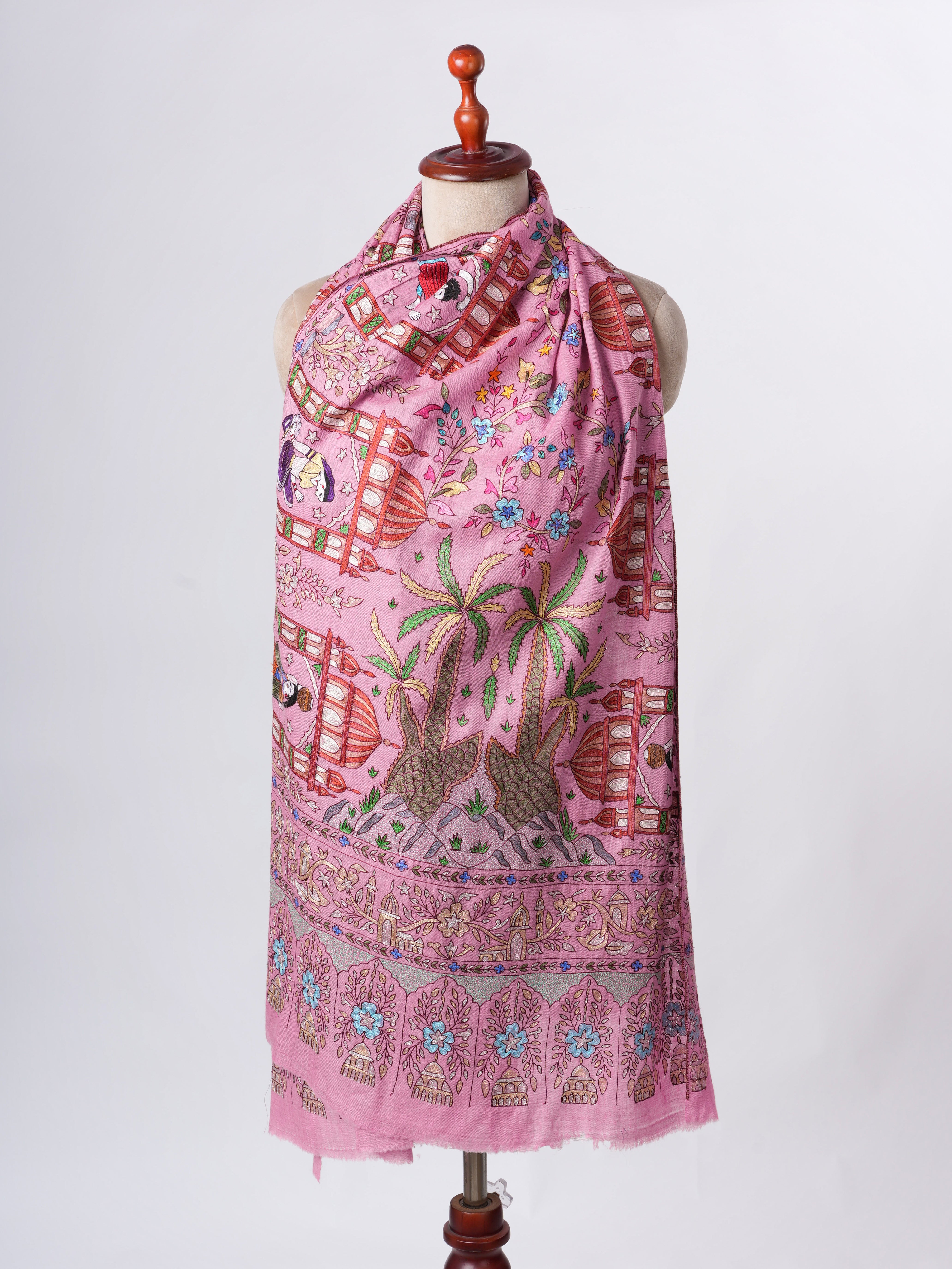 Pink Hand Embroidered Cashmere Scarf - Art Silk Zari Detalj