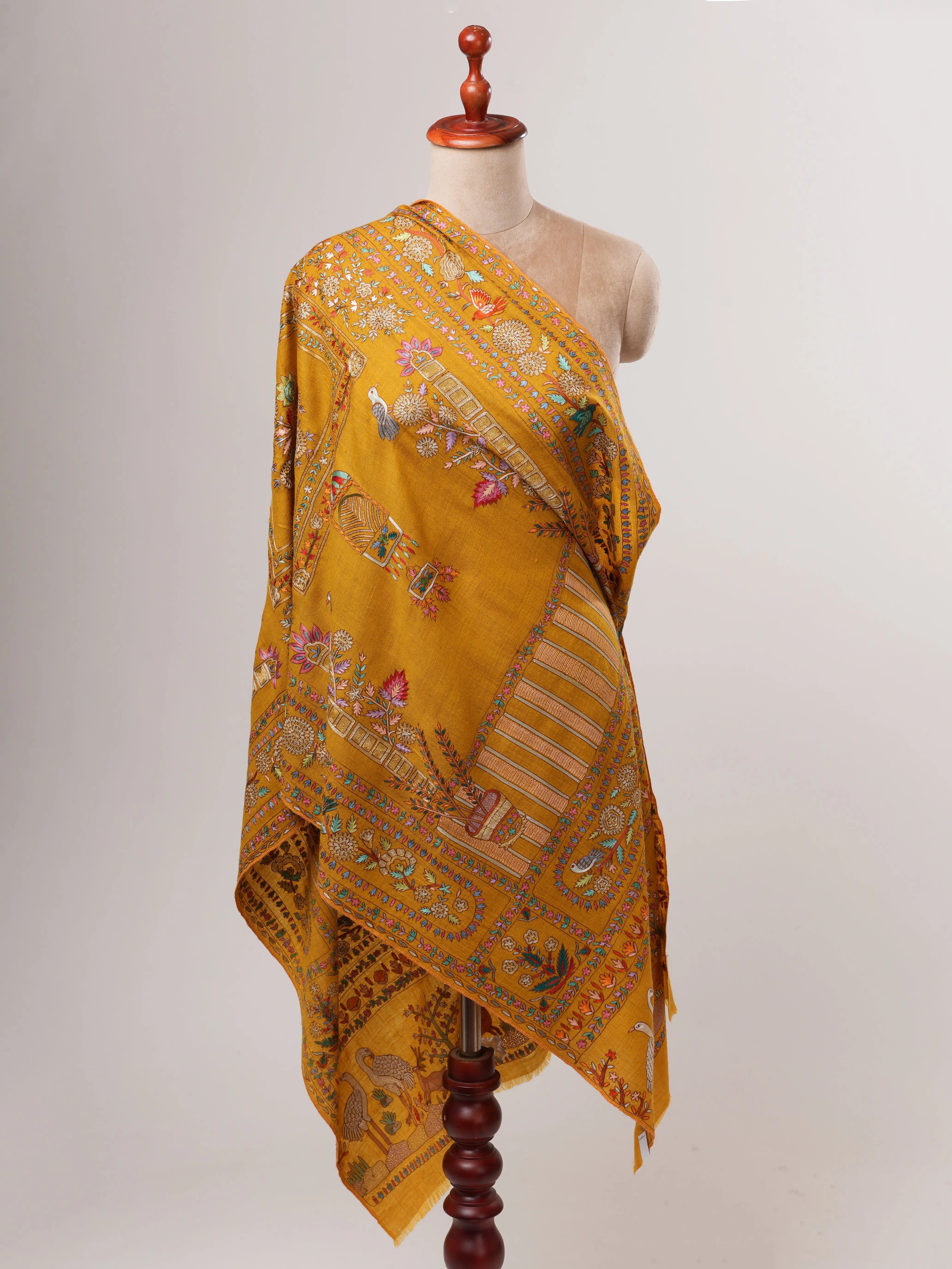 Hand Embroidered Cashmere Scarf – Art Silk and Zari Detailing Shahkaar