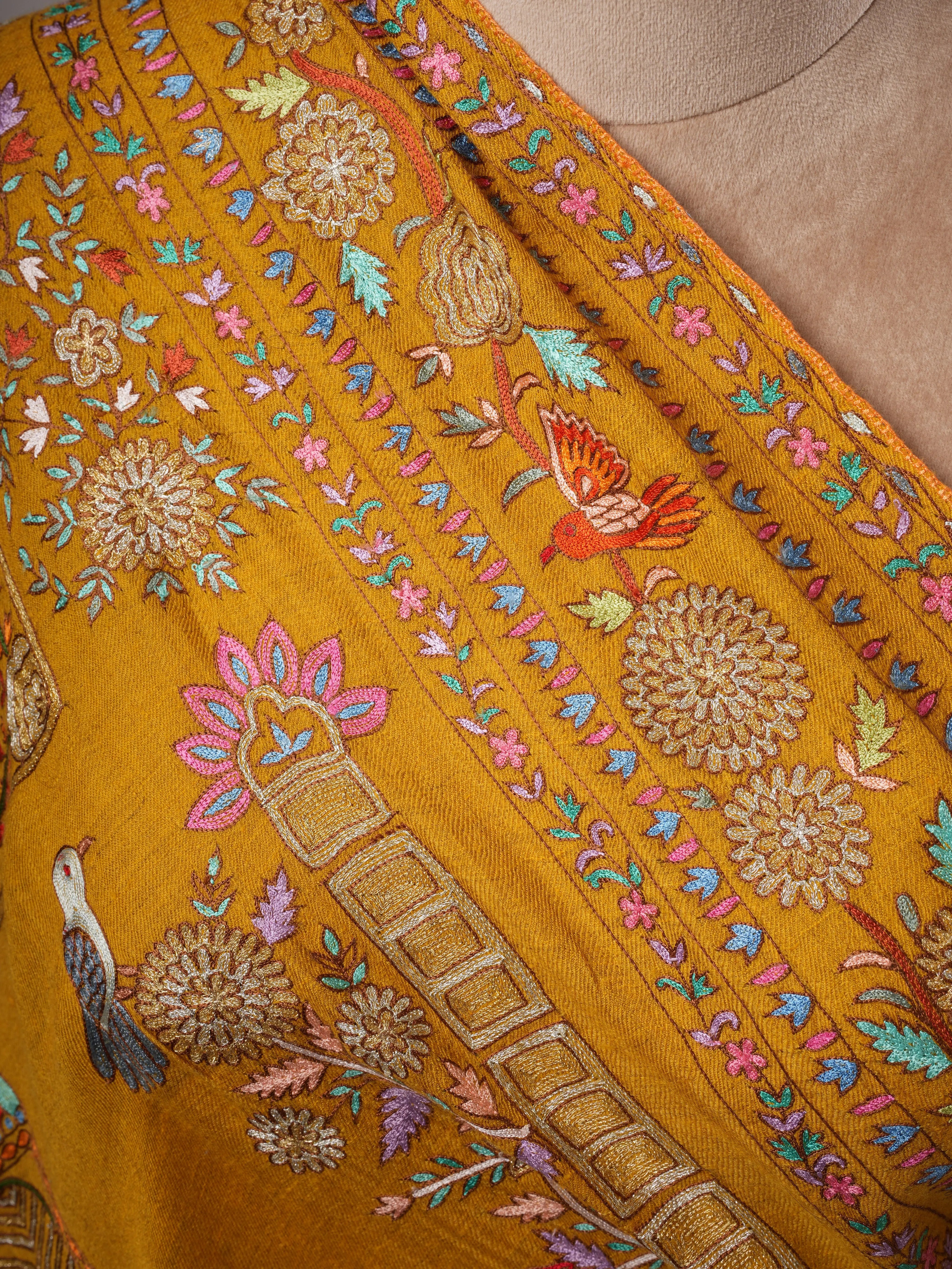 Hand Embroidered Cashmere Scarf – Art Silk and Zari Detailing Shahkaar