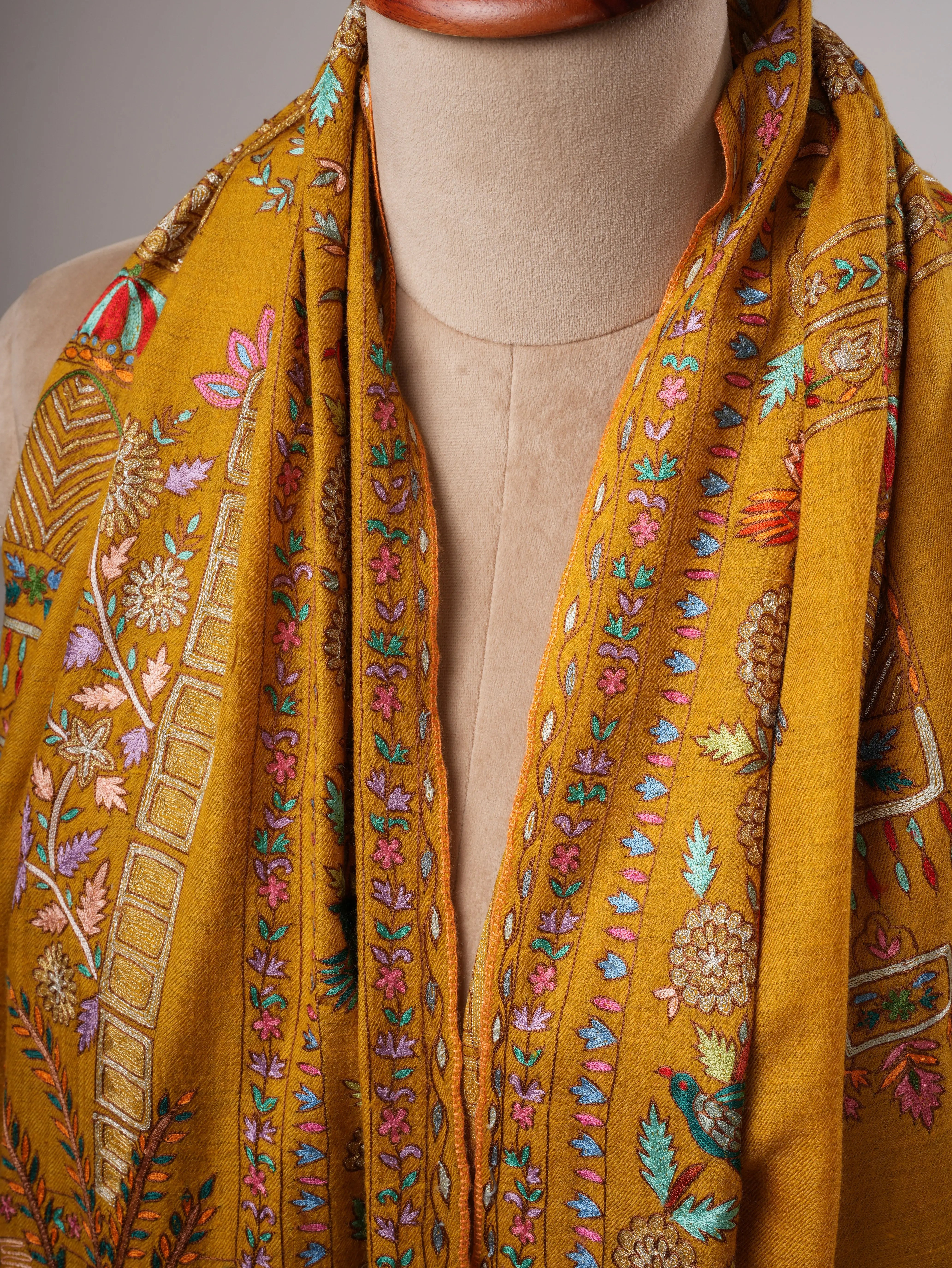 Hand Embroidered Cashmere Scarf – Art Silk and Zari Detailing Shahkaar
