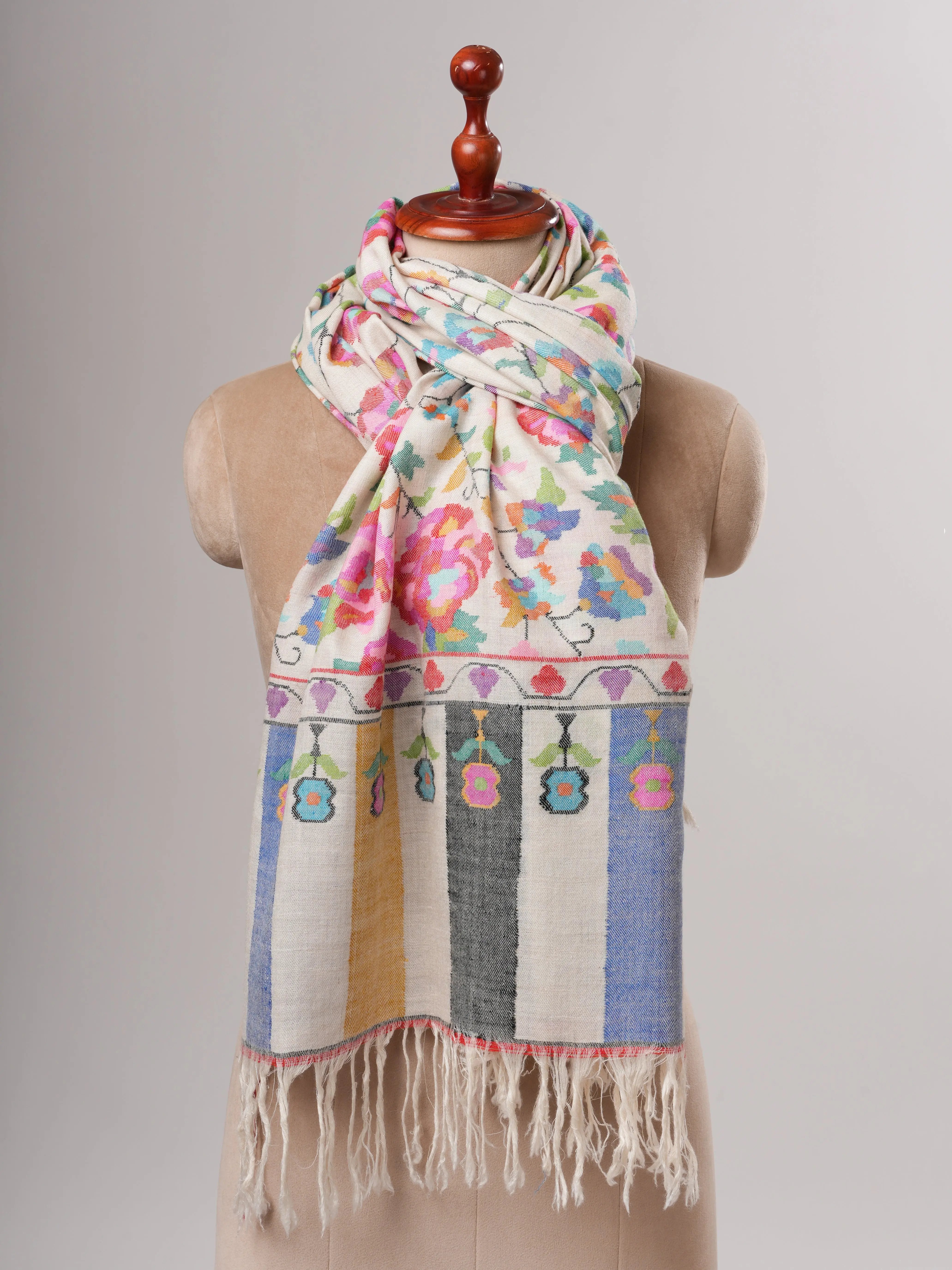 Ivory Kashmiri Kani Pashmina Shawl with Handwoven Floral Motifs Shahkaar