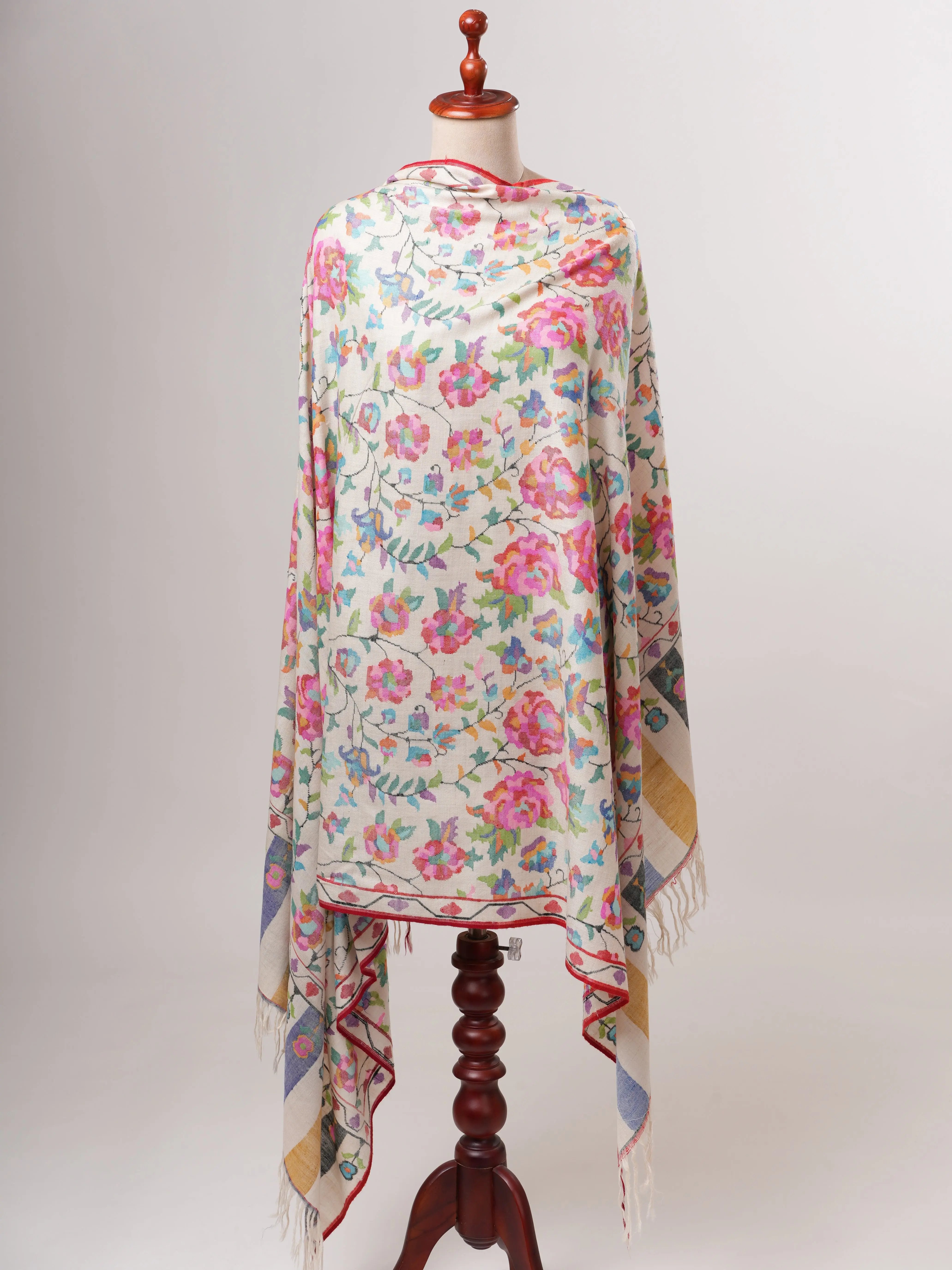 Ivory Kashmiri Kani Pashmina Shawl with Handwoven Floral Motifs Shahkaar