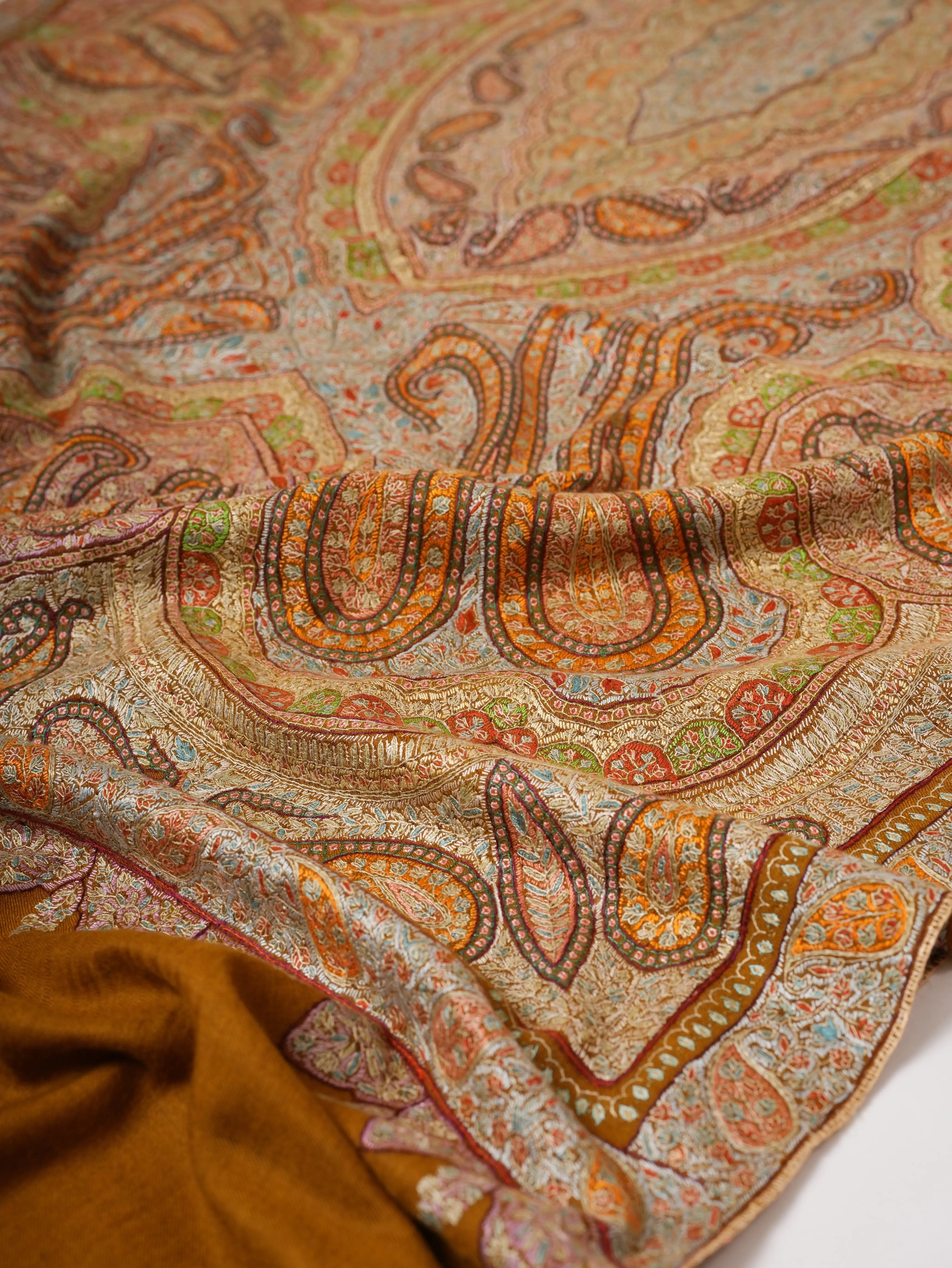 Mustard Kashmiri Pashmina Shawl with Detailed Hand Embroidery Shahkaar