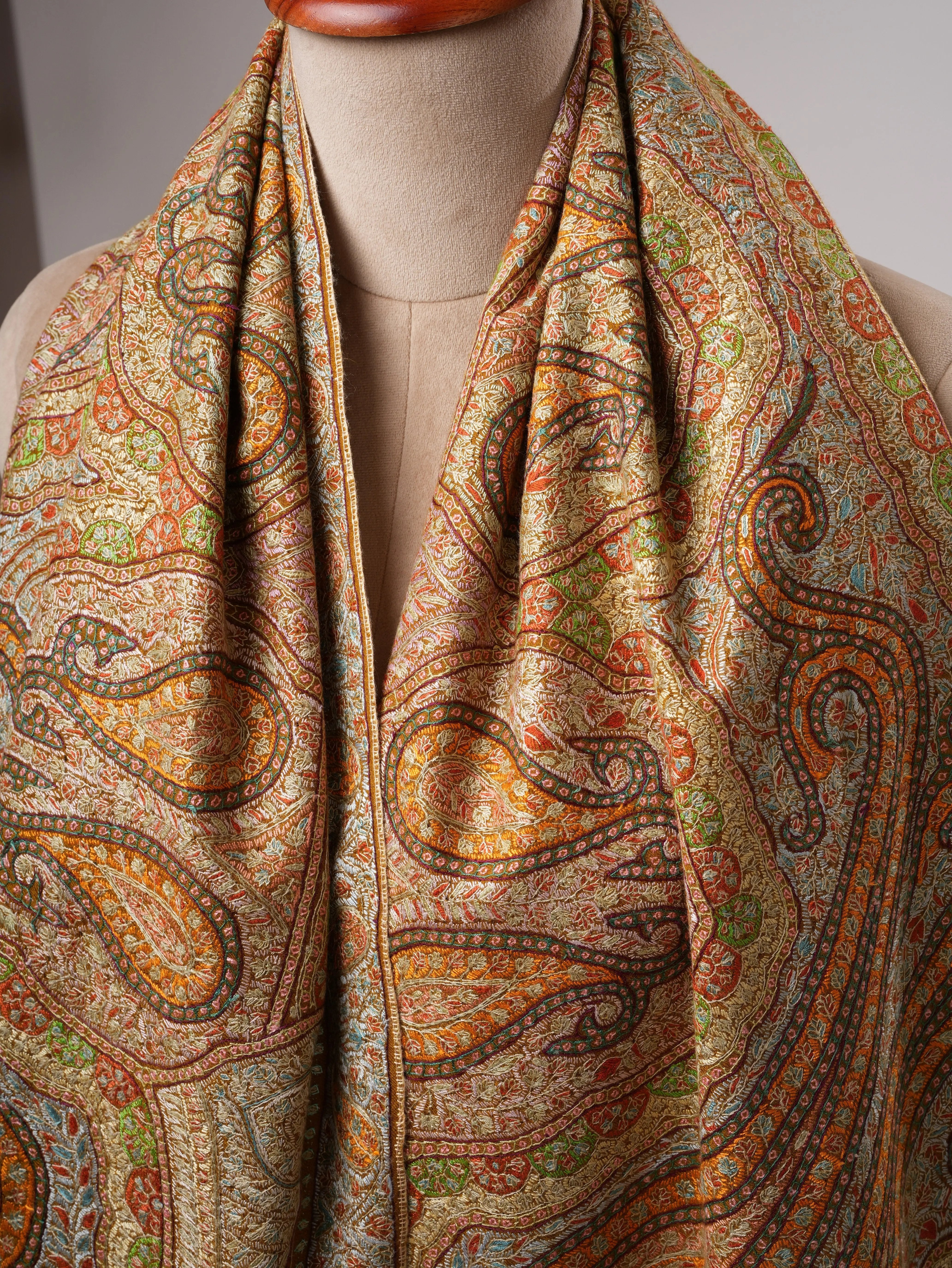 Mustard Kashmiri Pashmina Shawl with Detailed Hand Embroidery Shahkaar