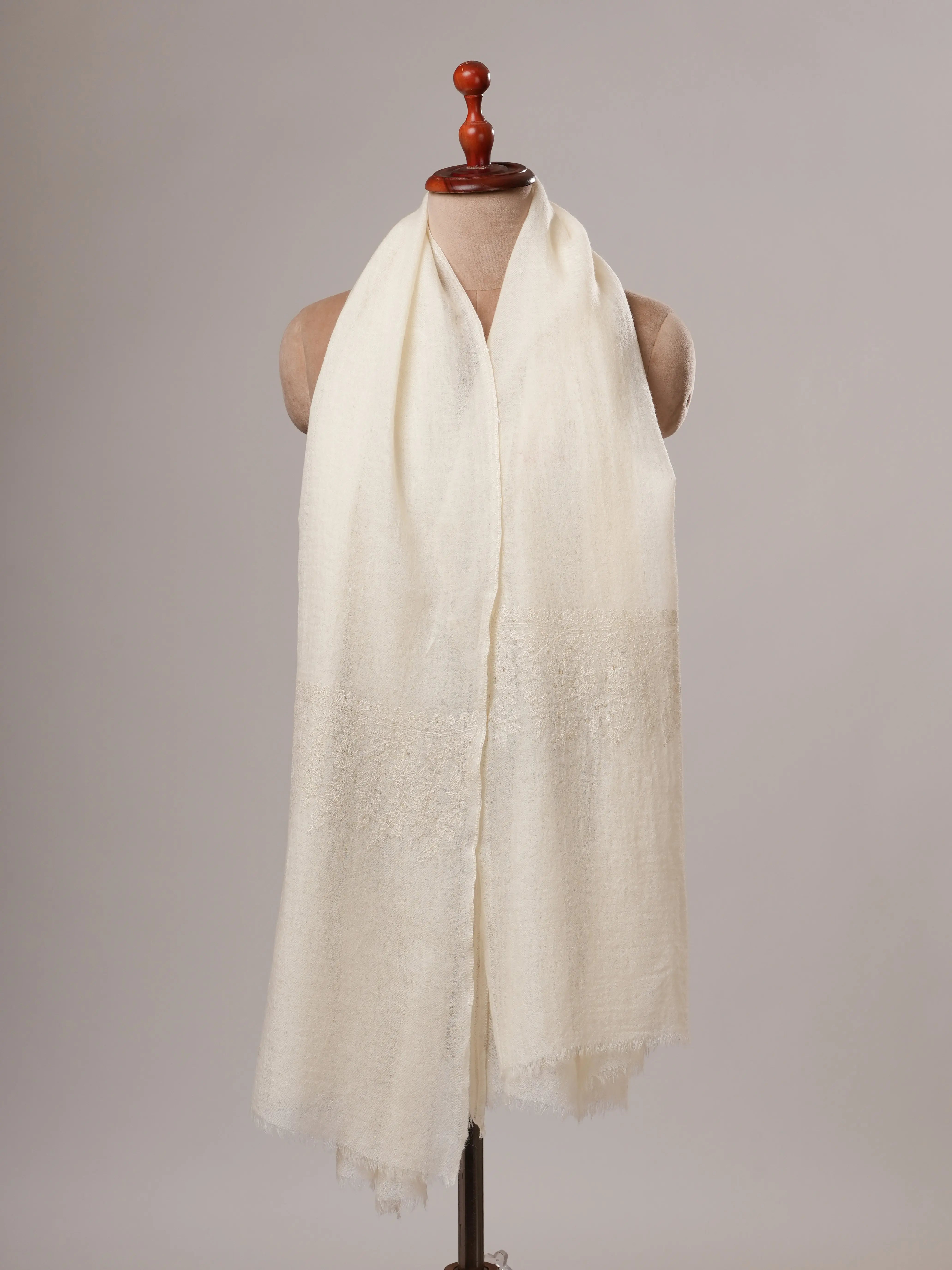 White Sozni Embroidered Boiled Wool Shawl Shahkaar