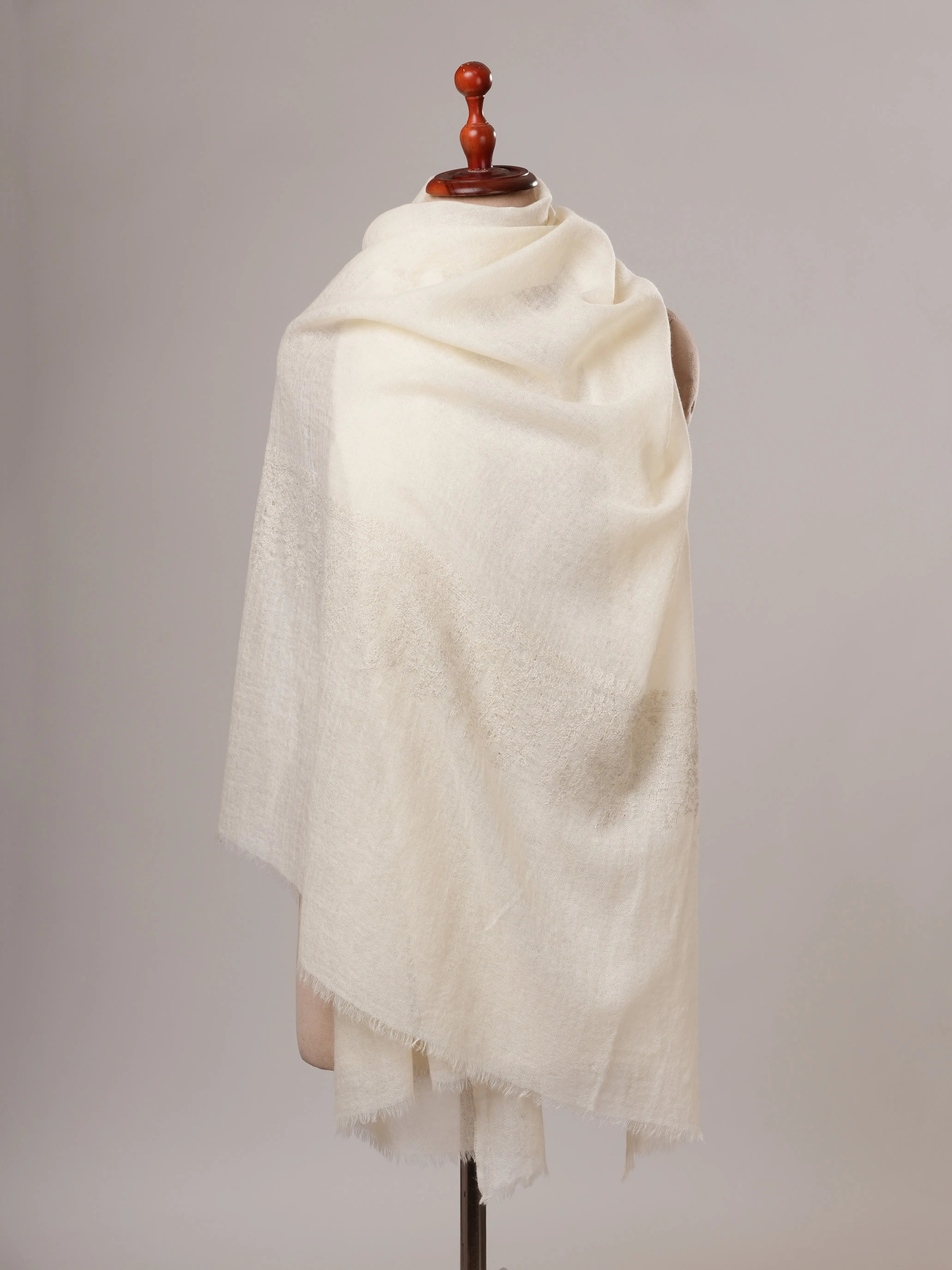 White Sozni Embroidered Boiled Wool Shawl Shahkaar