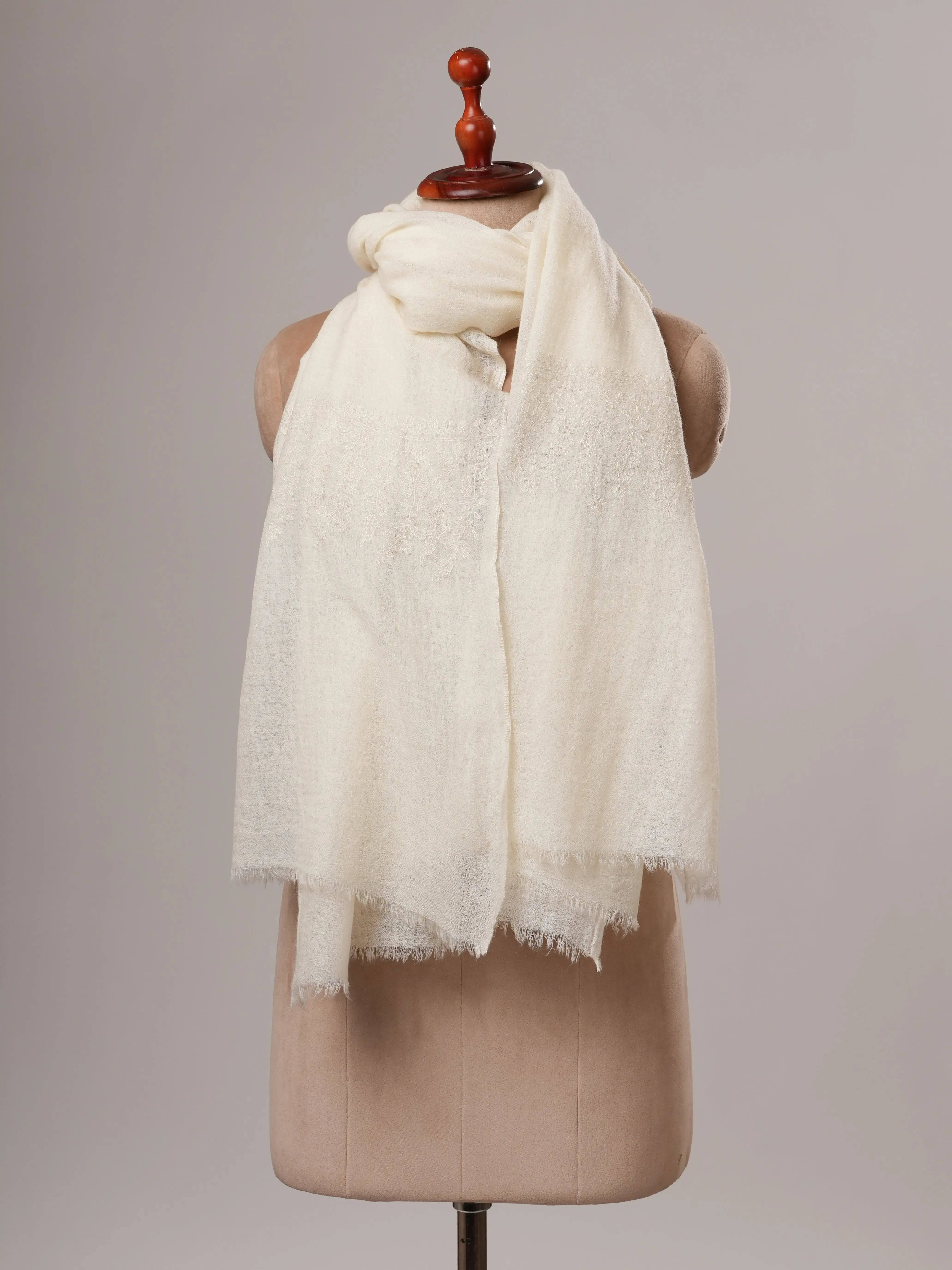 White Sozni Embroidered Boiled Wool Shawl Shahkaar