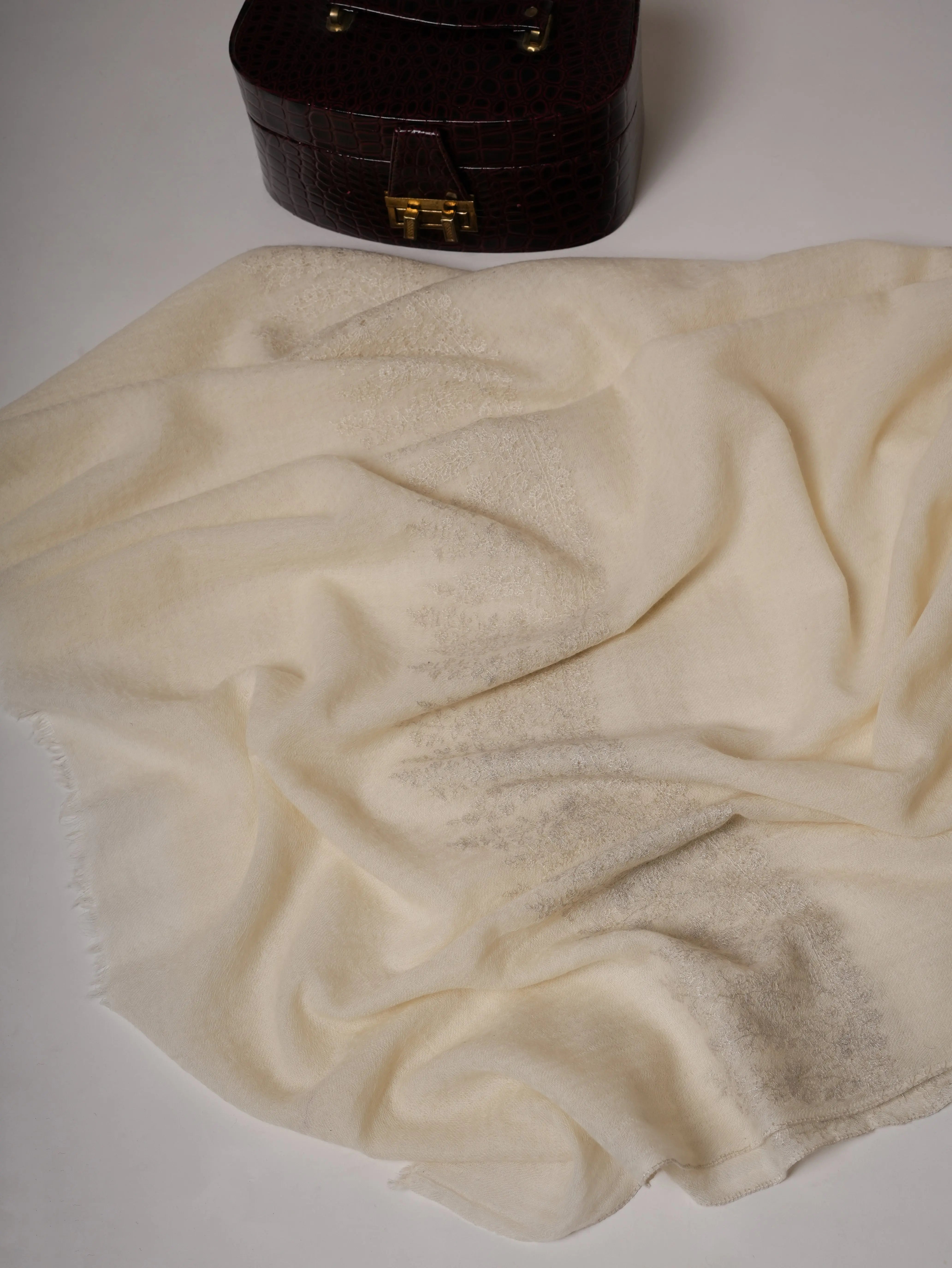 White Sozni Embroidered Boiled Wool Shawl Shahkaar