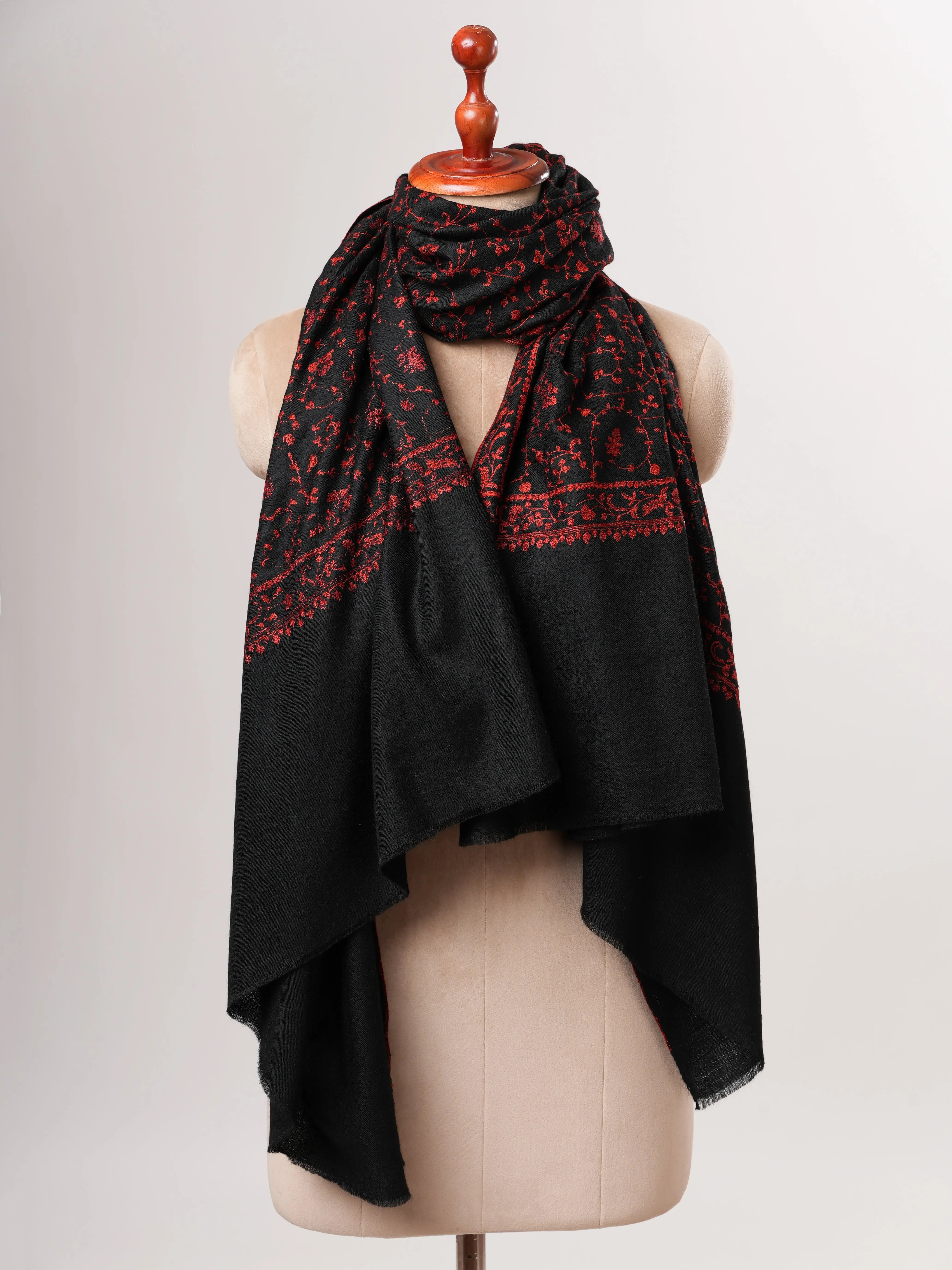 Black Handloomed Pashmina Shawl with Red Embroidery Shahkaar