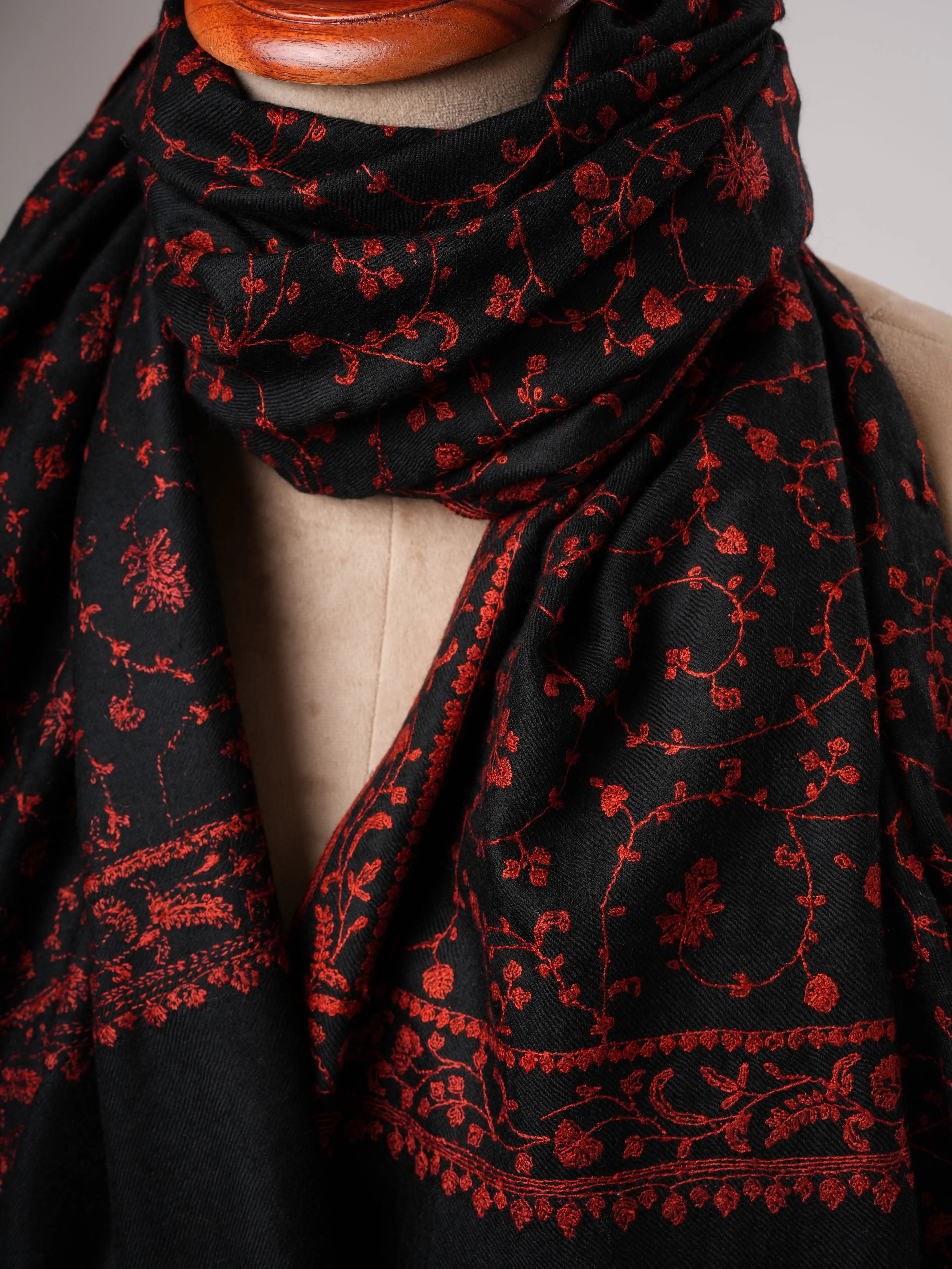 Black Handloomed Pashmina Shawl with Red Embroidery Shahkaar